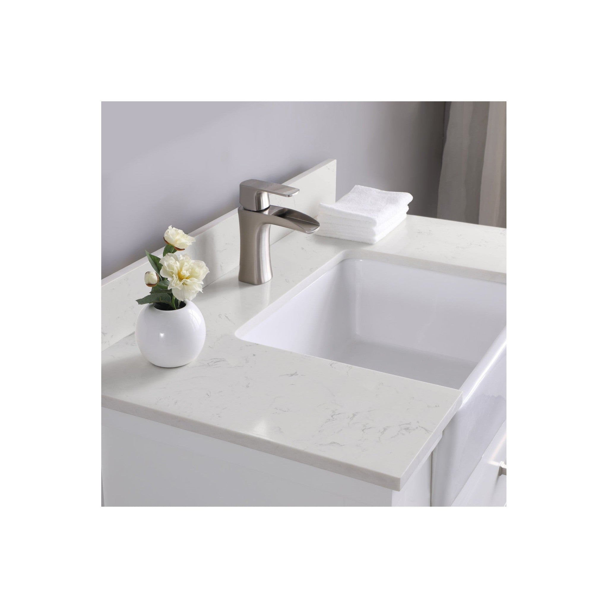 Georgia 36" Single Bathroom Vanity Set in White and Composite Carrara White Stone Top with White Farmhouse Basin without Mirror