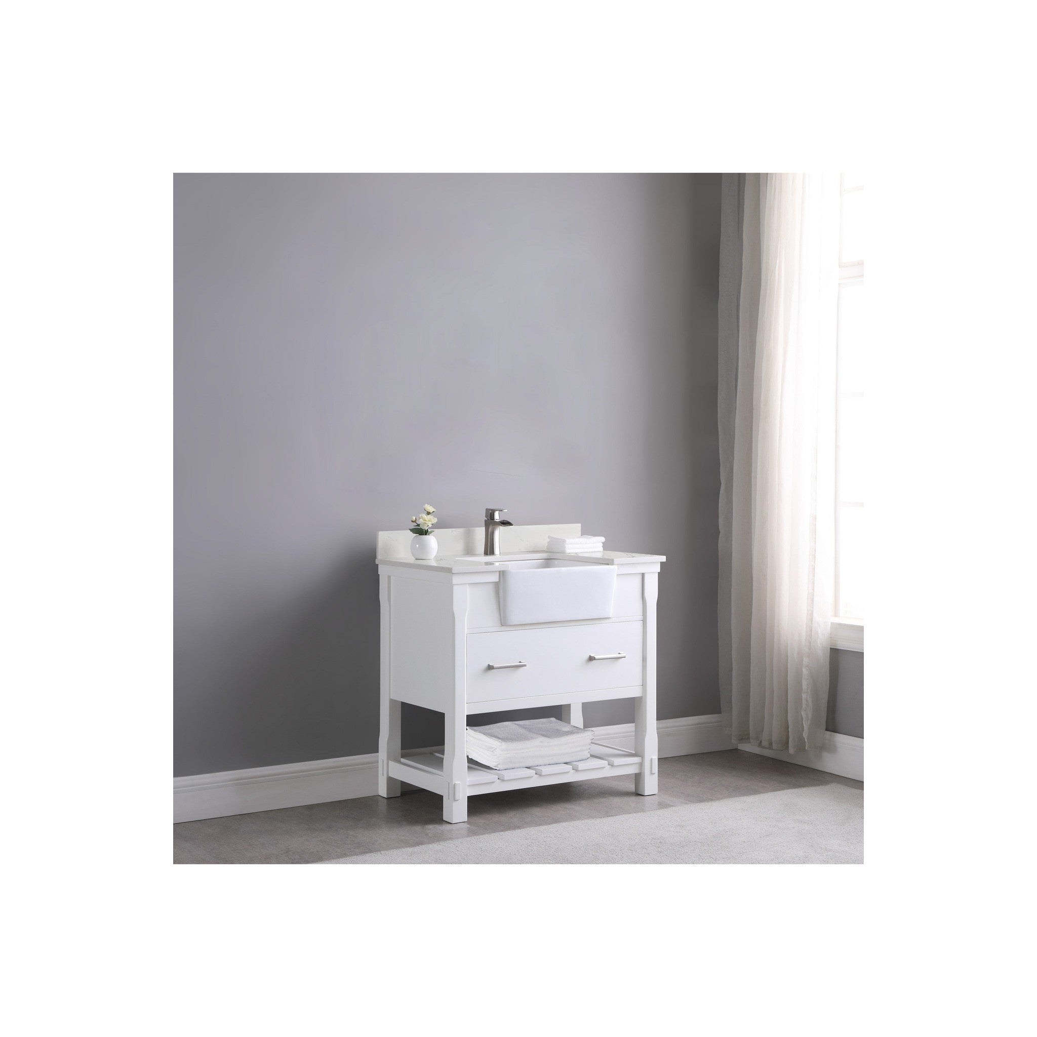 Georgia 36" Single Bathroom Vanity Set in White and Composite Carrara White Stone Top with White Farmhouse Basin without Mirror