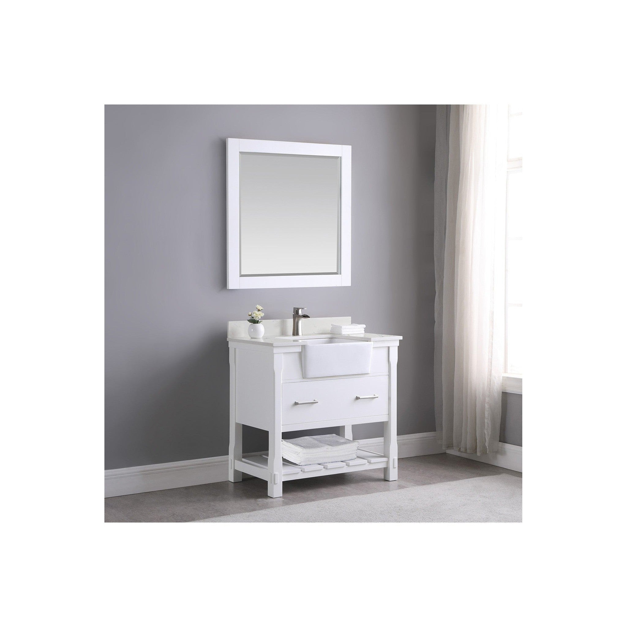 Georgia 36" Single Bathroom Vanity Set in White and Composite Carrara White Stone Top with White Farmhouse Basin with Mirror