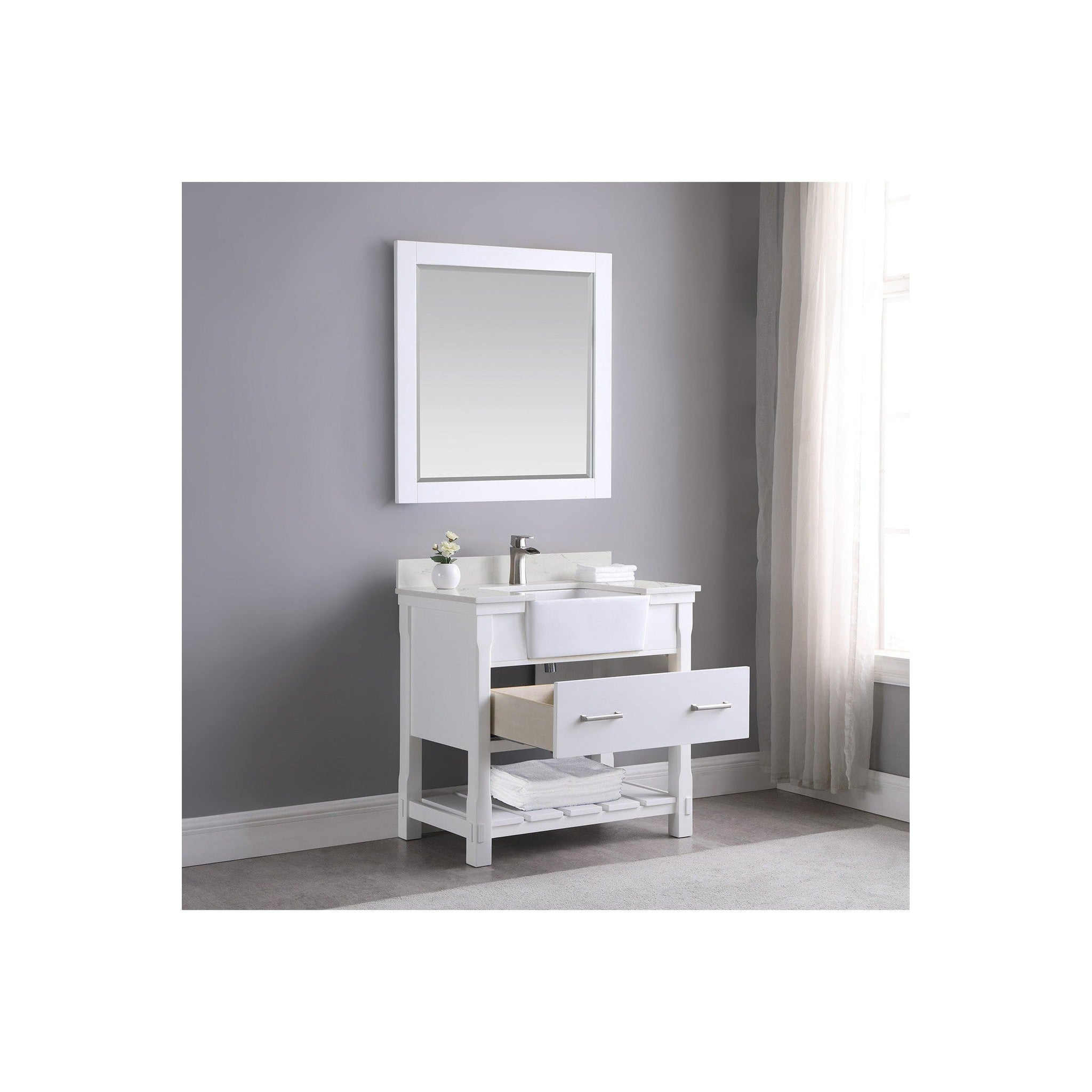 Georgia 36" Single Bathroom Vanity Set in White and Composite Carrara White Stone Top with White Farmhouse Basin with Mirror