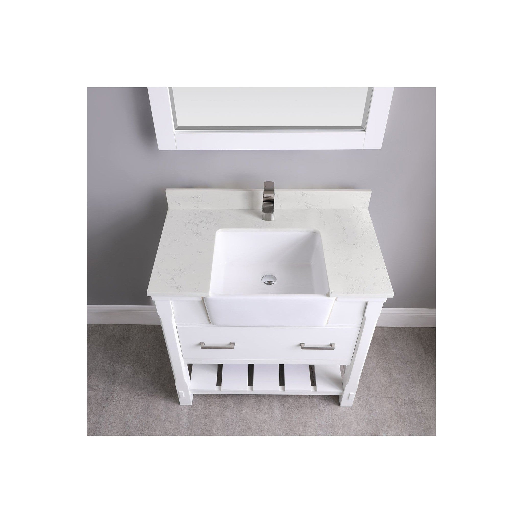 Georgia 36" Single Bathroom Vanity Set in White and Composite Carrara White Stone Top with White Farmhouse Basin with Mirror