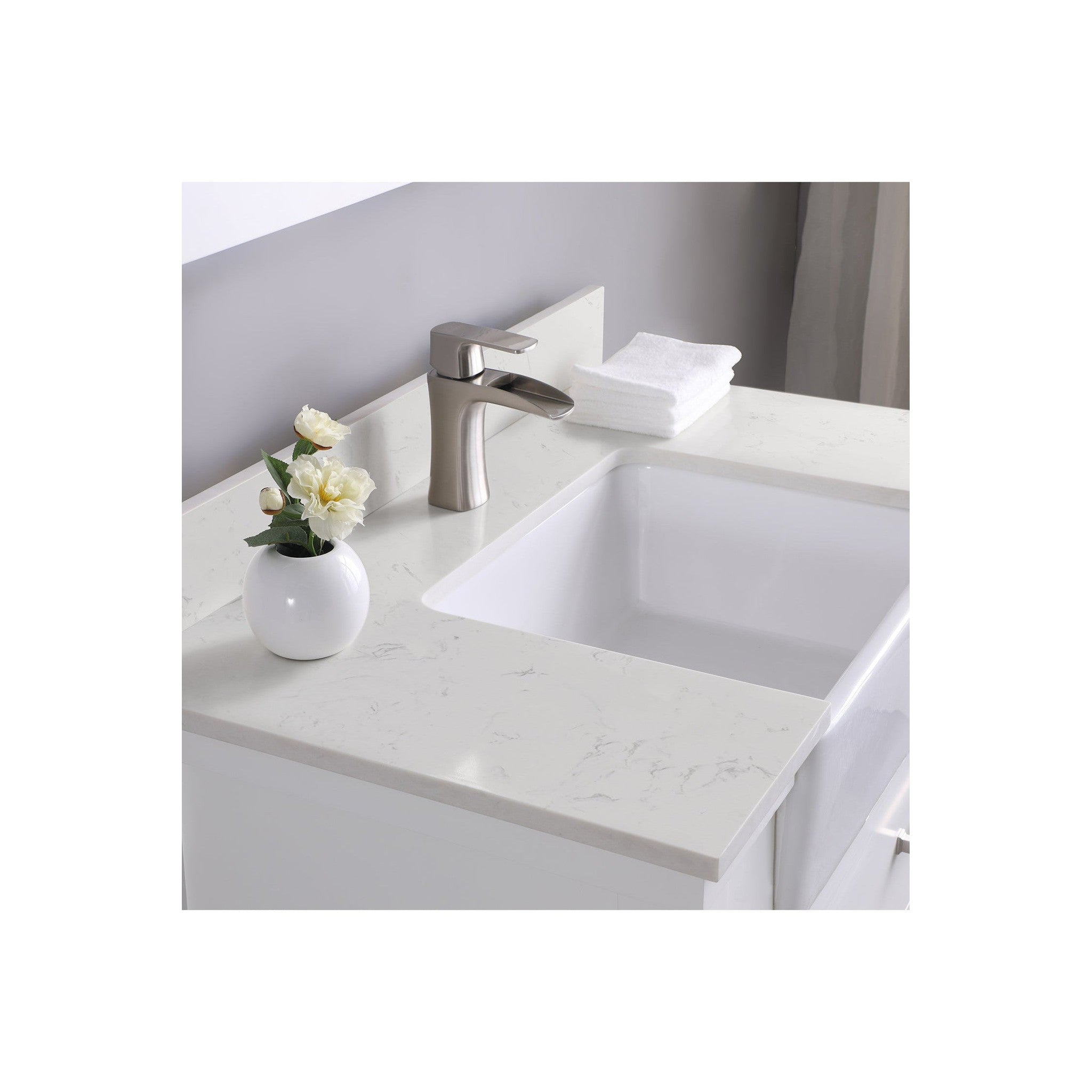 Georgia 36" Single Bathroom Vanity Set in White and Composite Carrara White Stone Top with White Farmhouse Basin with Mirror