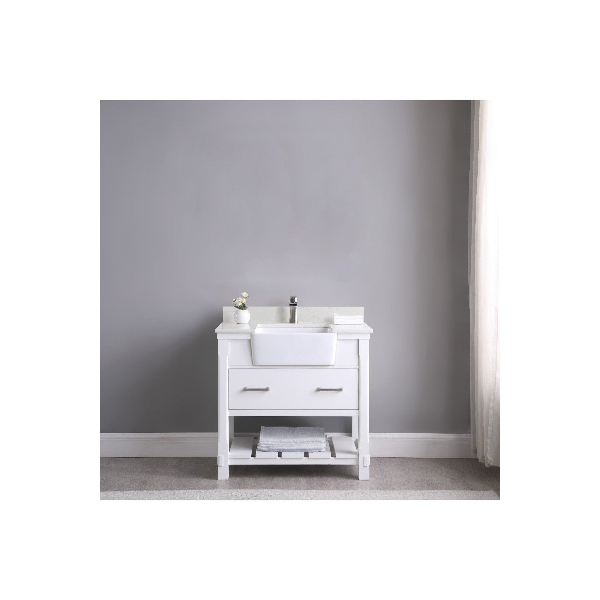 Georgia 36" Single Bathroom Vanity Set in White and Composite Carrara White Stone Top with White Farmhouse Basin with Mirror