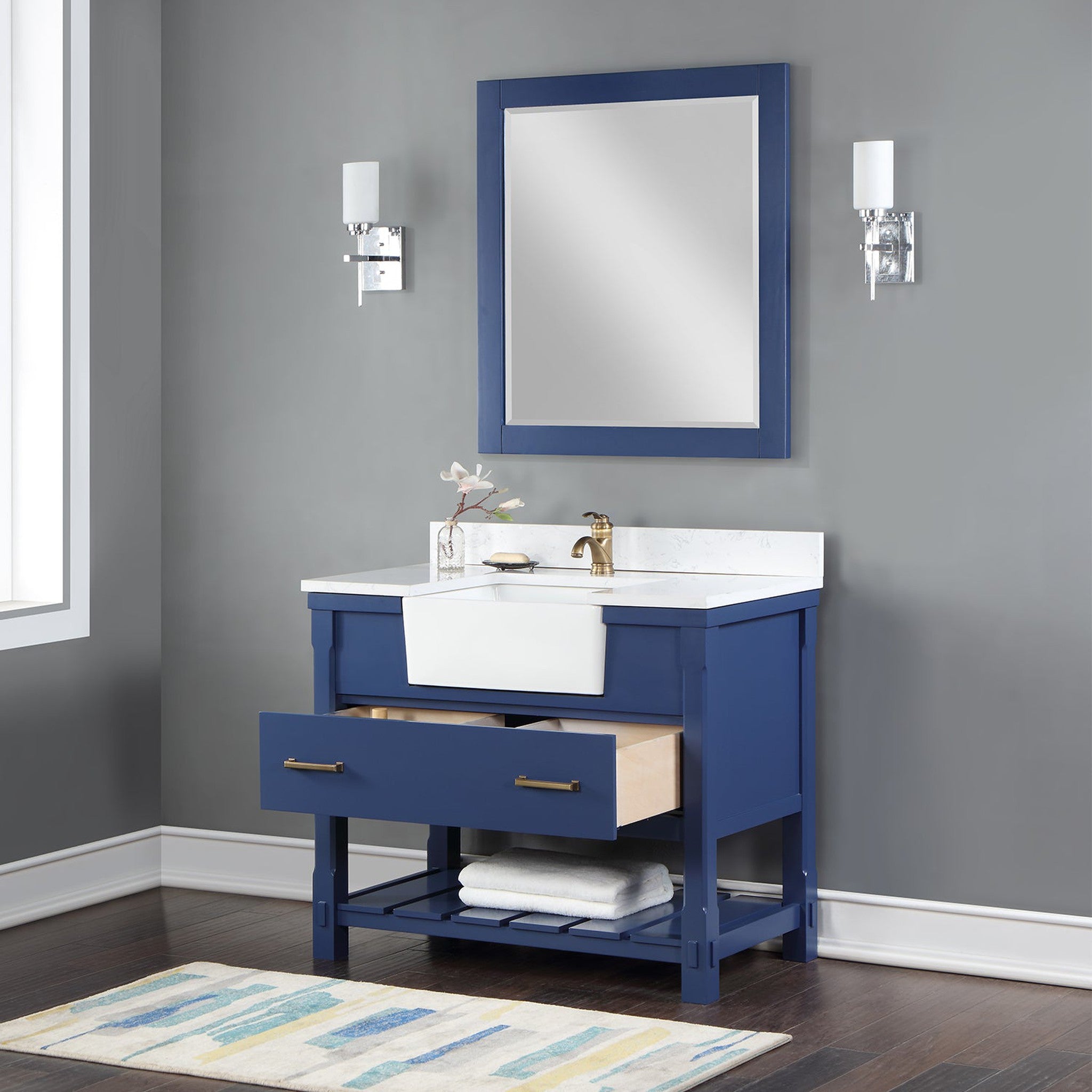 Georgia 42" Single Bathroom Vanity Set in Jewelry Blue and Composite Carrara White Stone Top with White Farmhouse Basin with Mirror