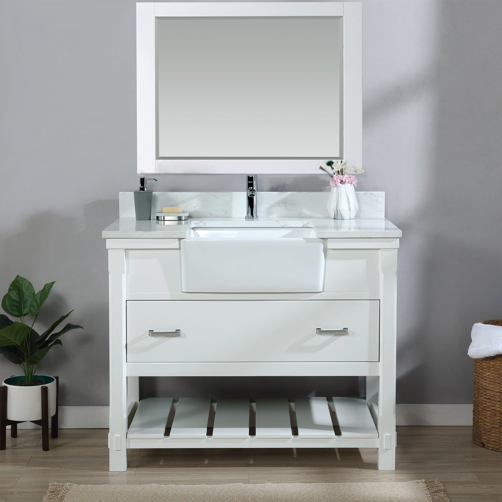 Georgia 42" Single Bathroom Vanity Set in White and Composite Carrara White Stone Top with White Farmhouse Basin with Mirror