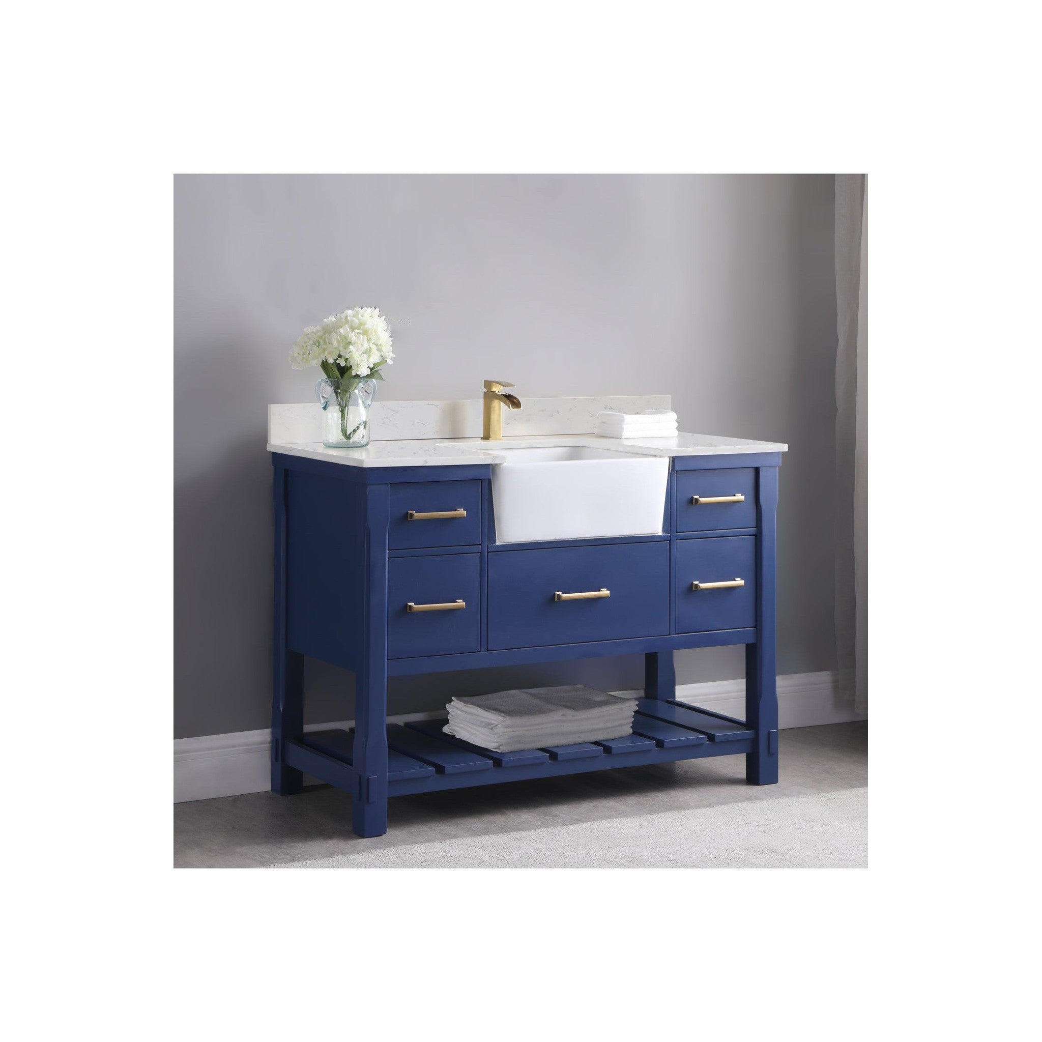 Georgia 48" Single Bathroom Vanity Set in Jewelry Blue and Composite Carrara White Stone Top with White Farmhouse Basin without Mirror