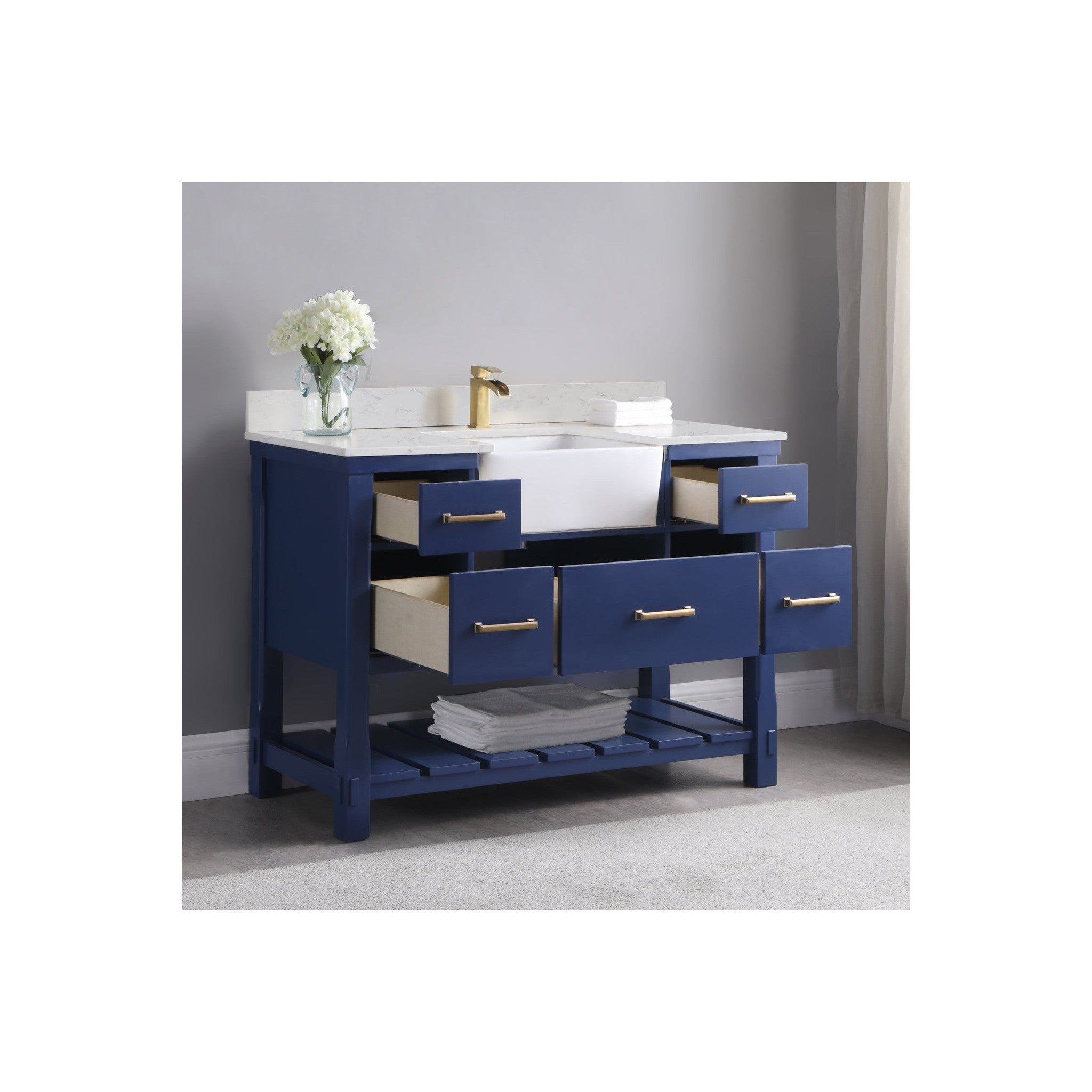 Georgia 48" Single Bathroom Vanity Set in Jewelry Blue and Composite Carrara White Stone Top with White Farmhouse Basin without Mirror