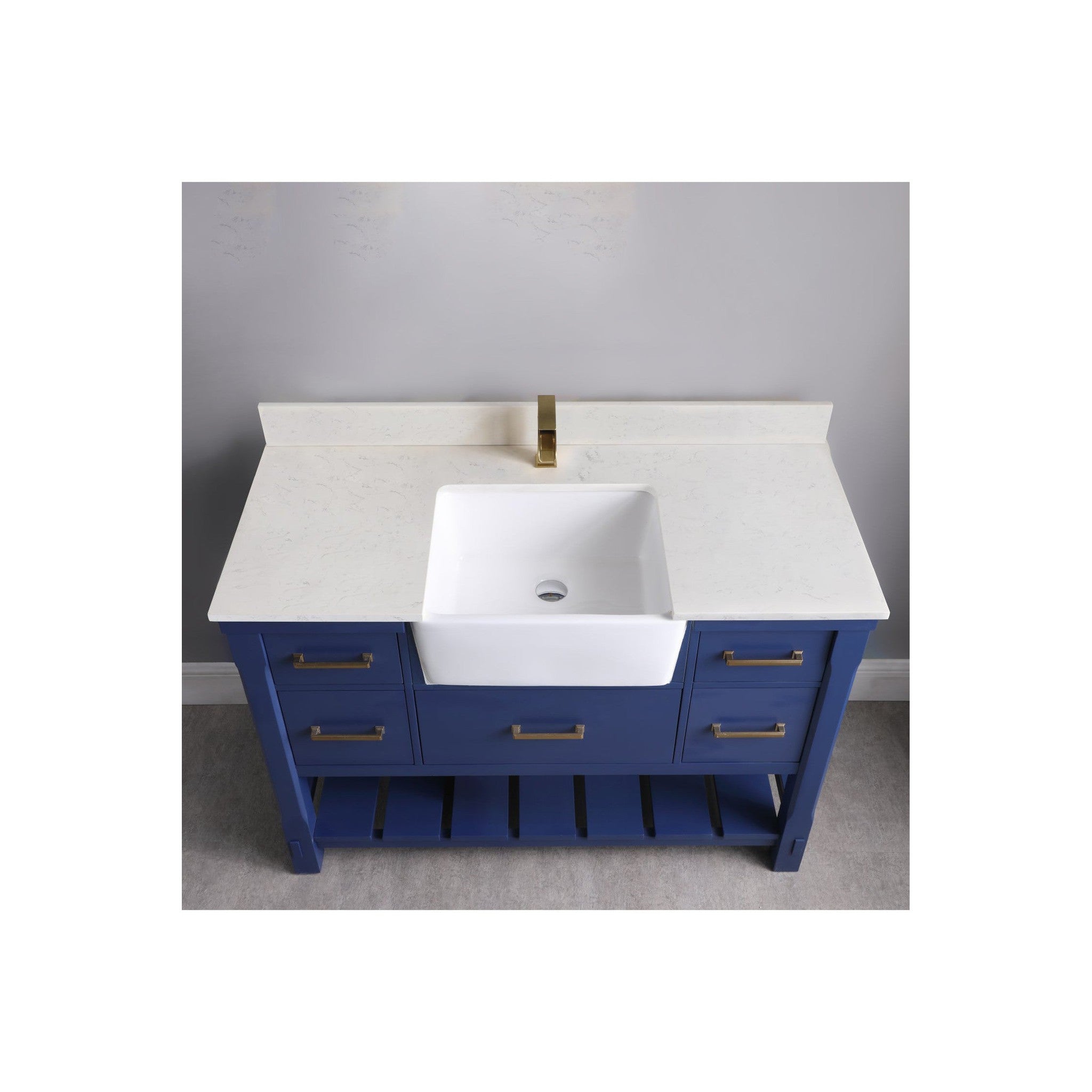 Georgia 48" Single Bathroom Vanity Set in Jewelry Blue and Composite Carrara White Stone Top with White Farmhouse Basin without Mirror