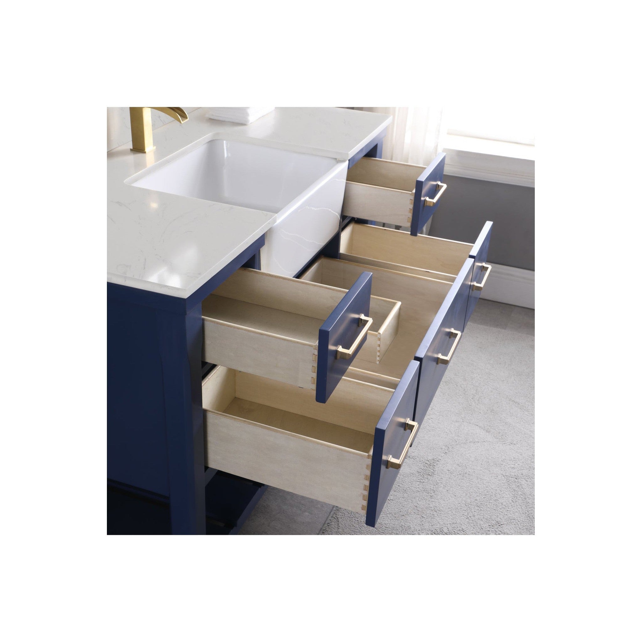 Georgia 48" Single Bathroom Vanity Set in Jewelry Blue and Composite Carrara White Stone Top with White Farmhouse Basin without Mirror