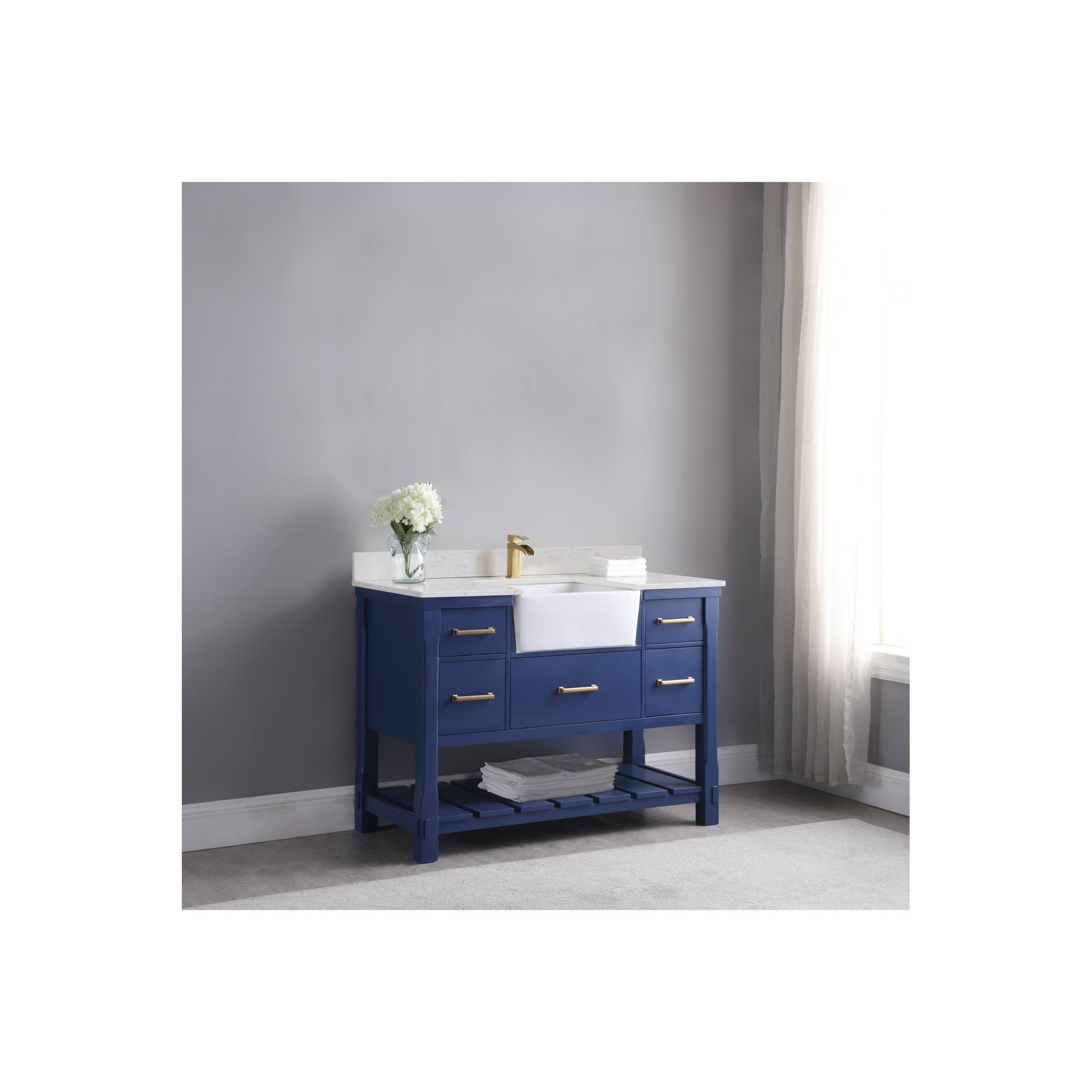 Georgia 48" Single Bathroom Vanity Set in Jewelry Blue and Composite Carrara White Stone Top with White Farmhouse Basin without Mirror