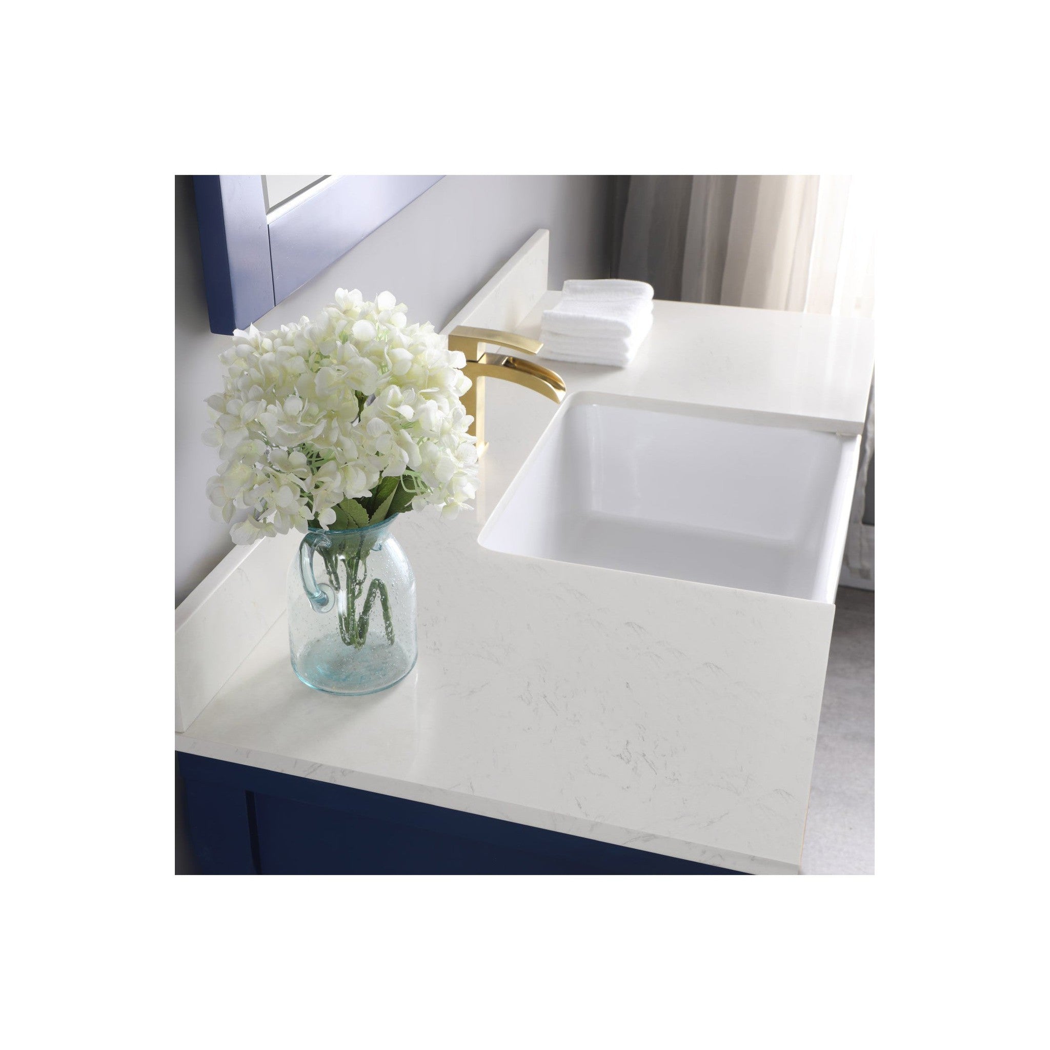 Georgia 48" Single Bathroom Vanity Set in Jewelry Blue and Composite Carrara White Stone Top with White Farmhouse Basin with Mirror