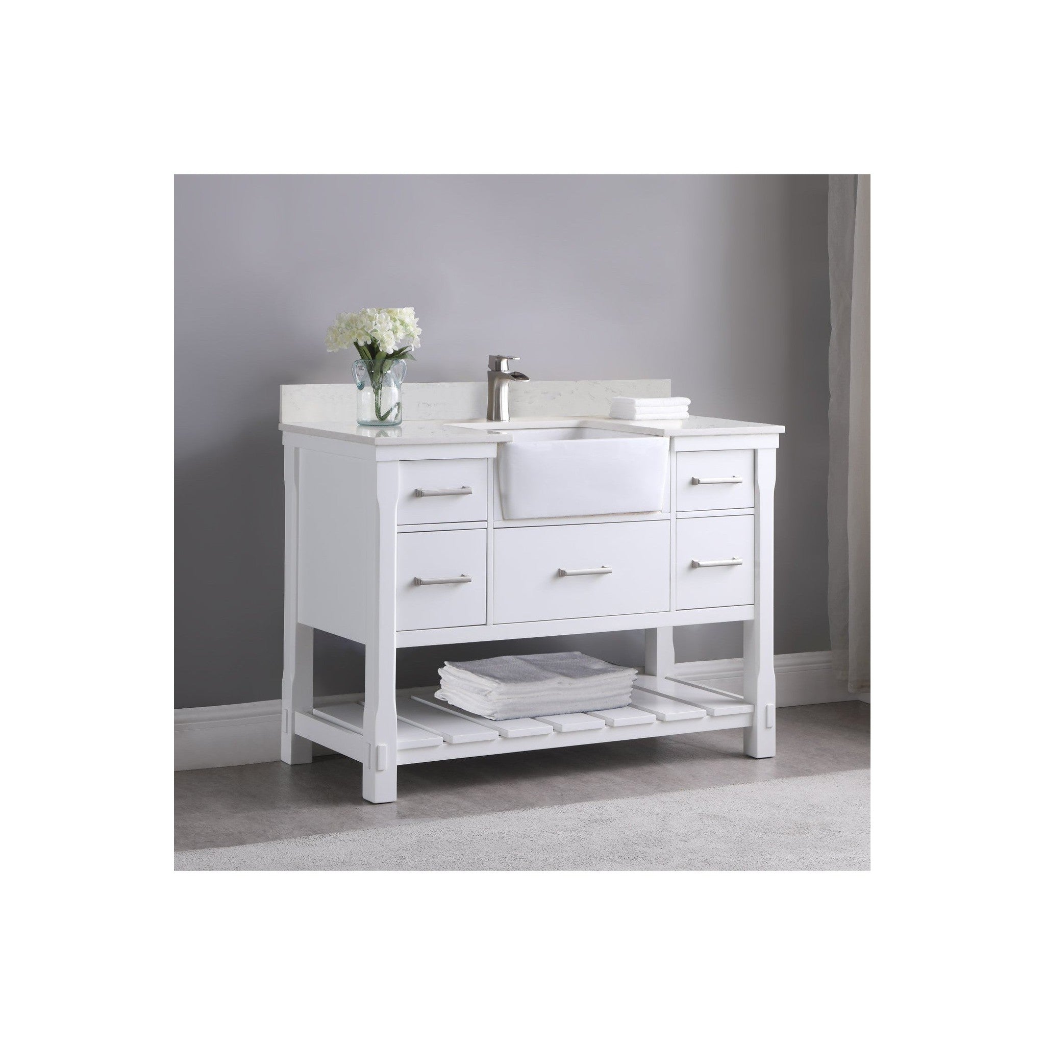 Georgia 48" Single Bathroom Vanity Set in White and Composite Carrara White Stone Top with White Farmhouse Basin without Mirror