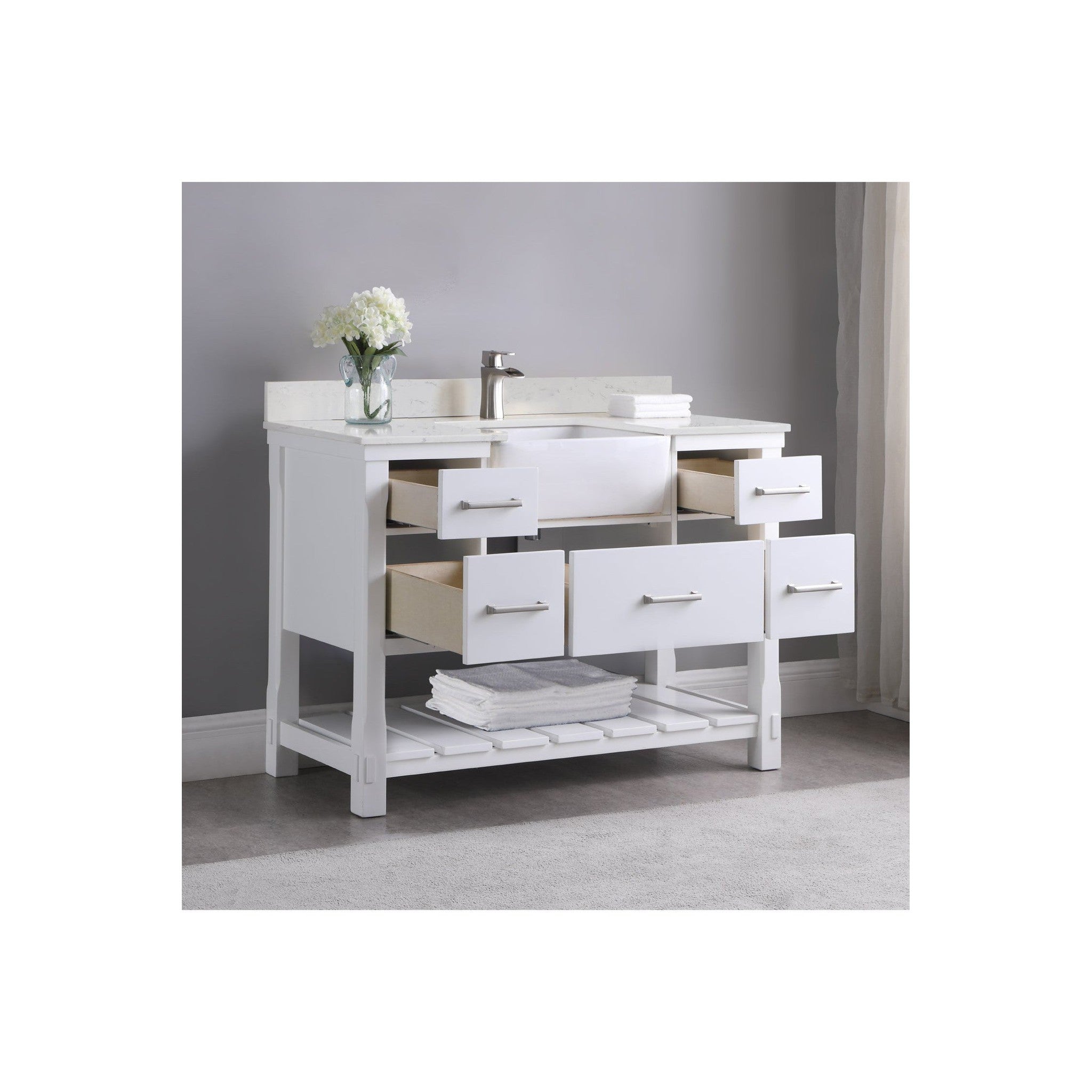 Georgia 48" Single Bathroom Vanity Set in White and Composite Carrara White Stone Top with White Farmhouse Basin without Mirror