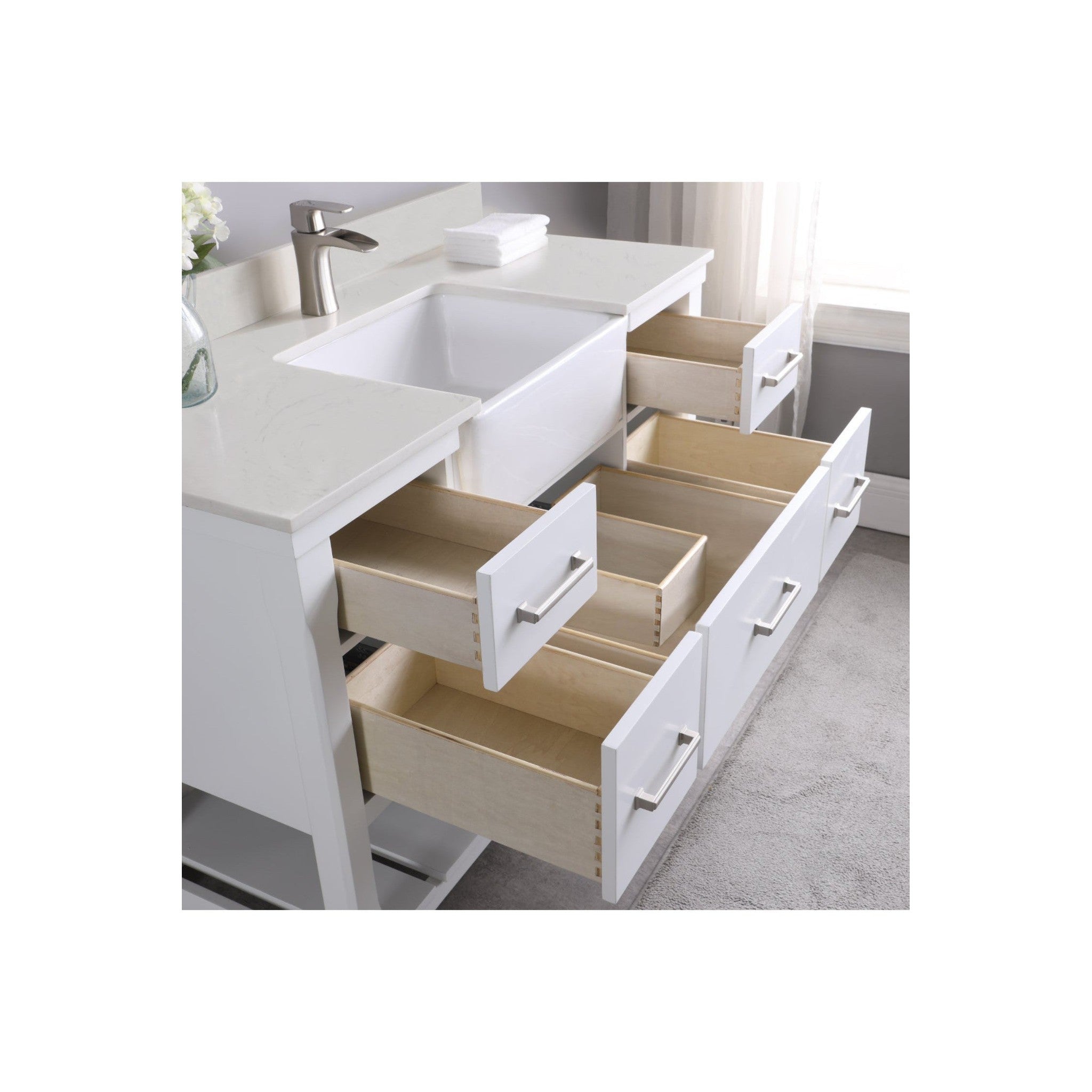 Georgia 48" Single Bathroom Vanity Set in White and Composite Carrara White Stone Top with White Farmhouse Basin without Mirror