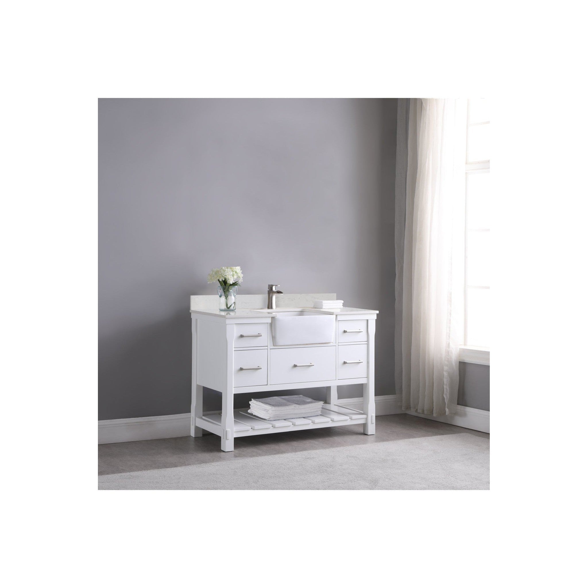 Georgia 48" Single Bathroom Vanity Set in White and Composite Carrara White Stone Top with White Farmhouse Basin without Mirror