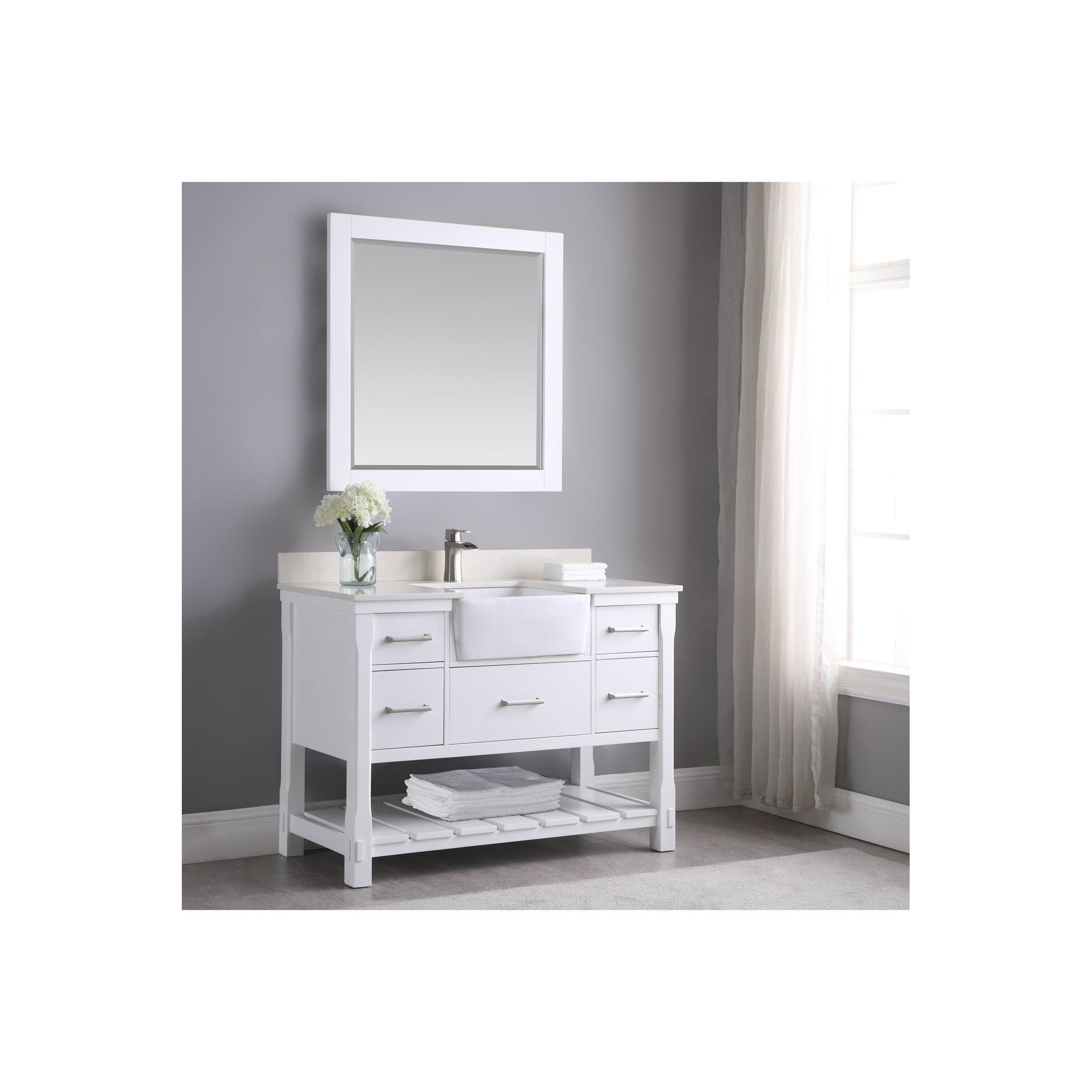 Georgia 48" Single Bathroom Vanity Set in White and Composite Carrara White Stone Top with White Farmhouse Basin with Mirror