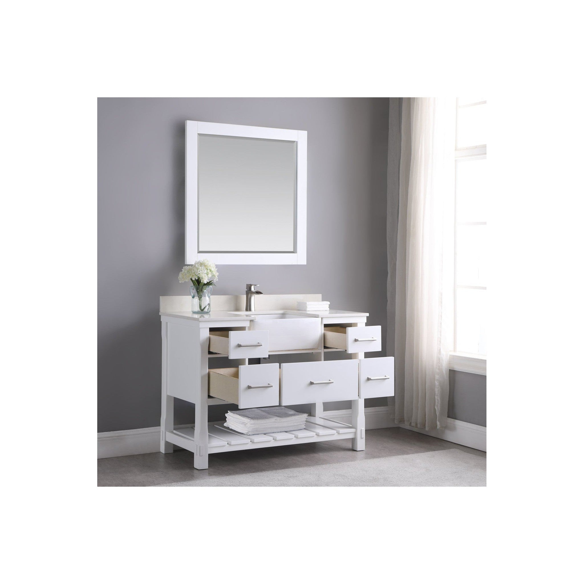 Georgia 48" Single Bathroom Vanity Set in White and Composite Carrara White Stone Top with White Farmhouse Basin with Mirror