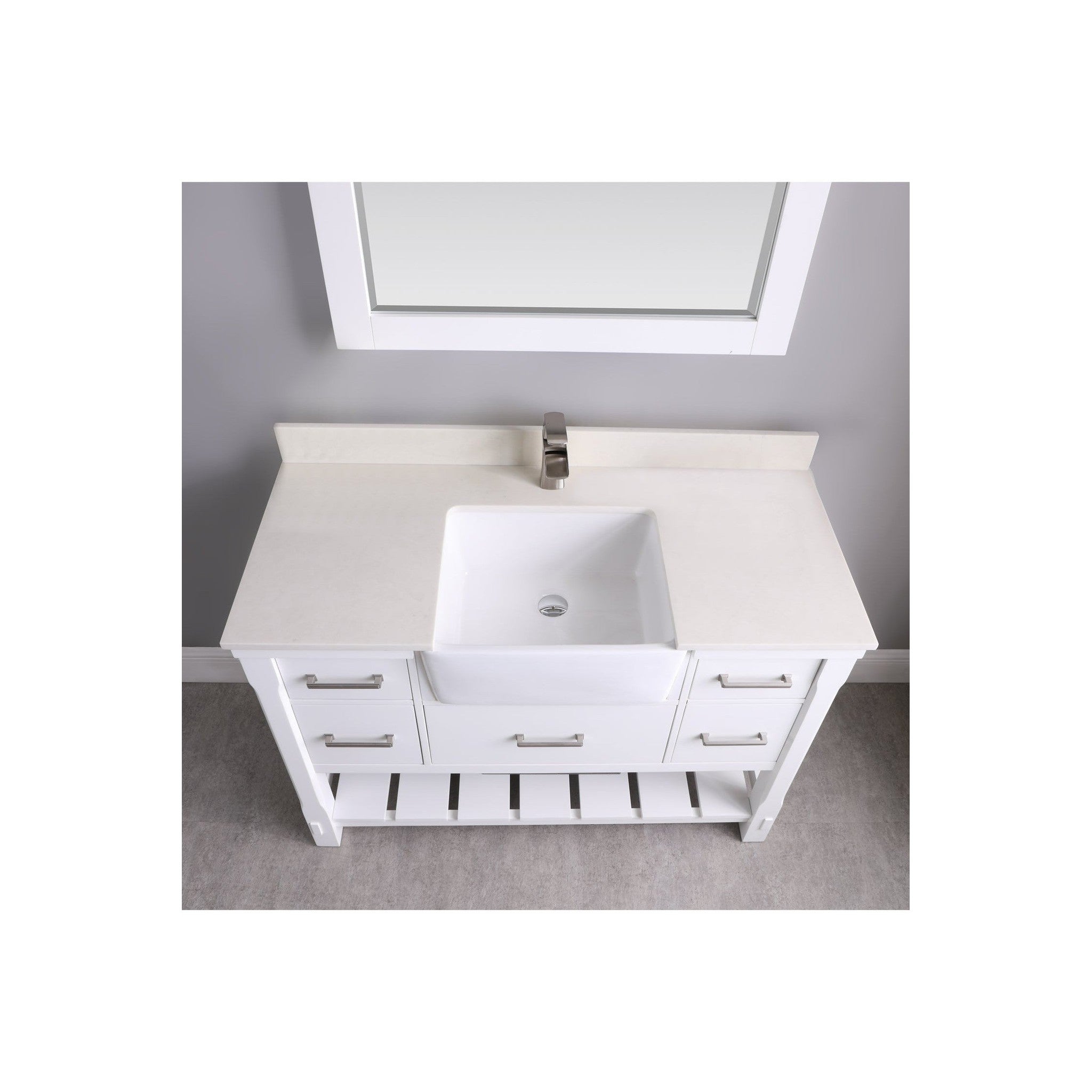 Georgia 48" Single Bathroom Vanity Set in White and Composite Carrara White Stone Top with White Farmhouse Basin with Mirror