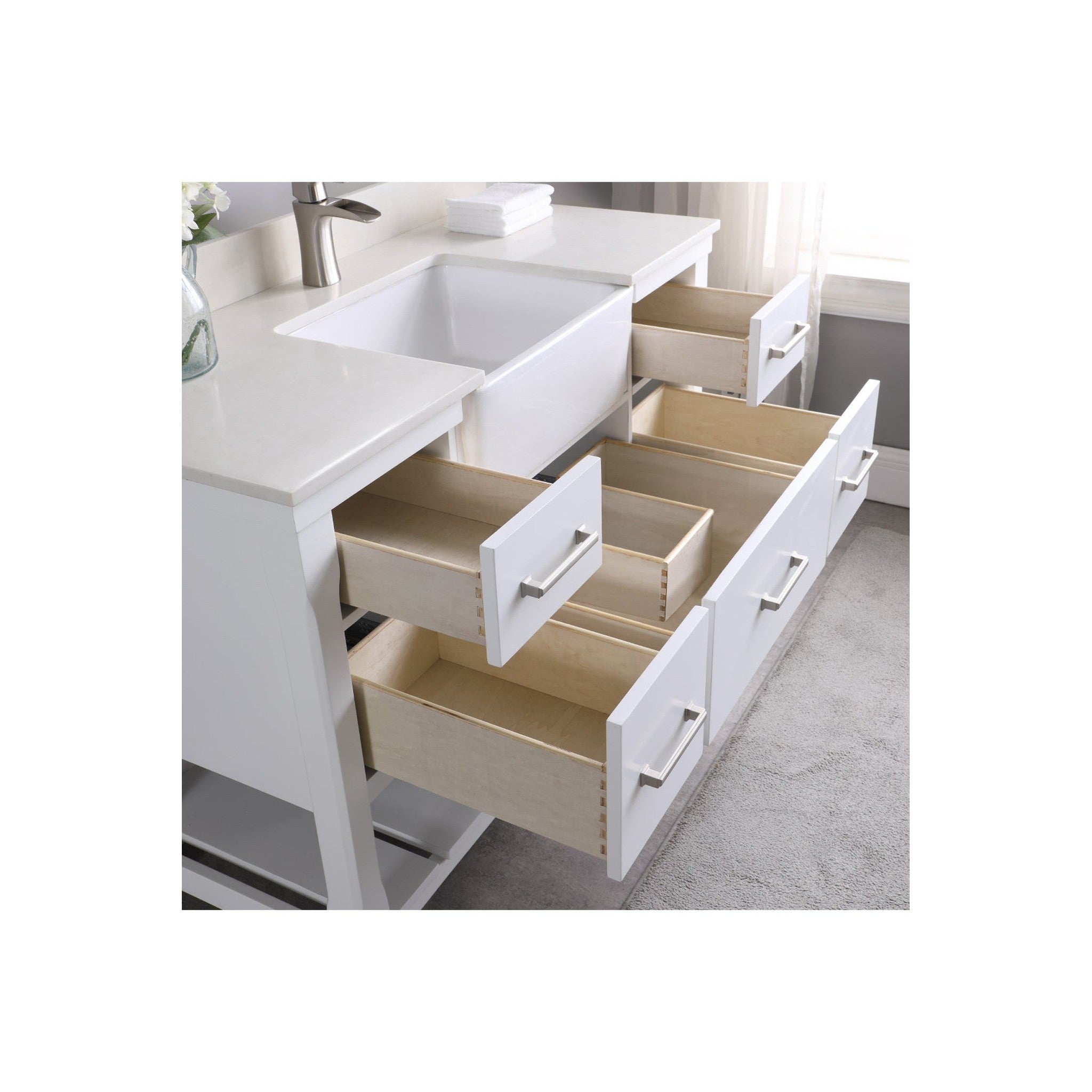 Georgia 48" Single Bathroom Vanity Set in White and Composite Carrara White Stone Top with White Farmhouse Basin with Mirror