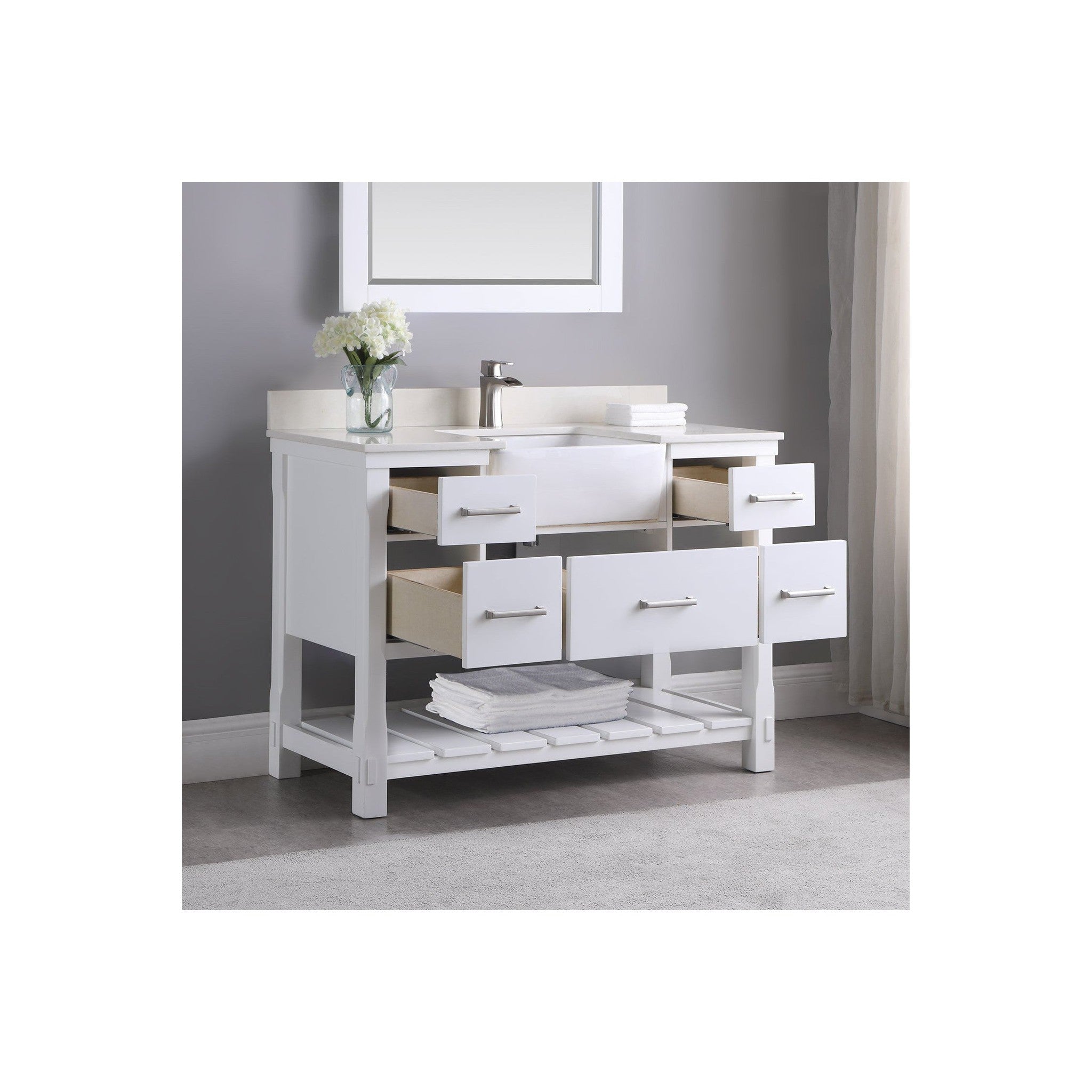 Georgia 48" Single Bathroom Vanity Set in White and Composite Carrara White Stone Top with White Farmhouse Basin with Mirror