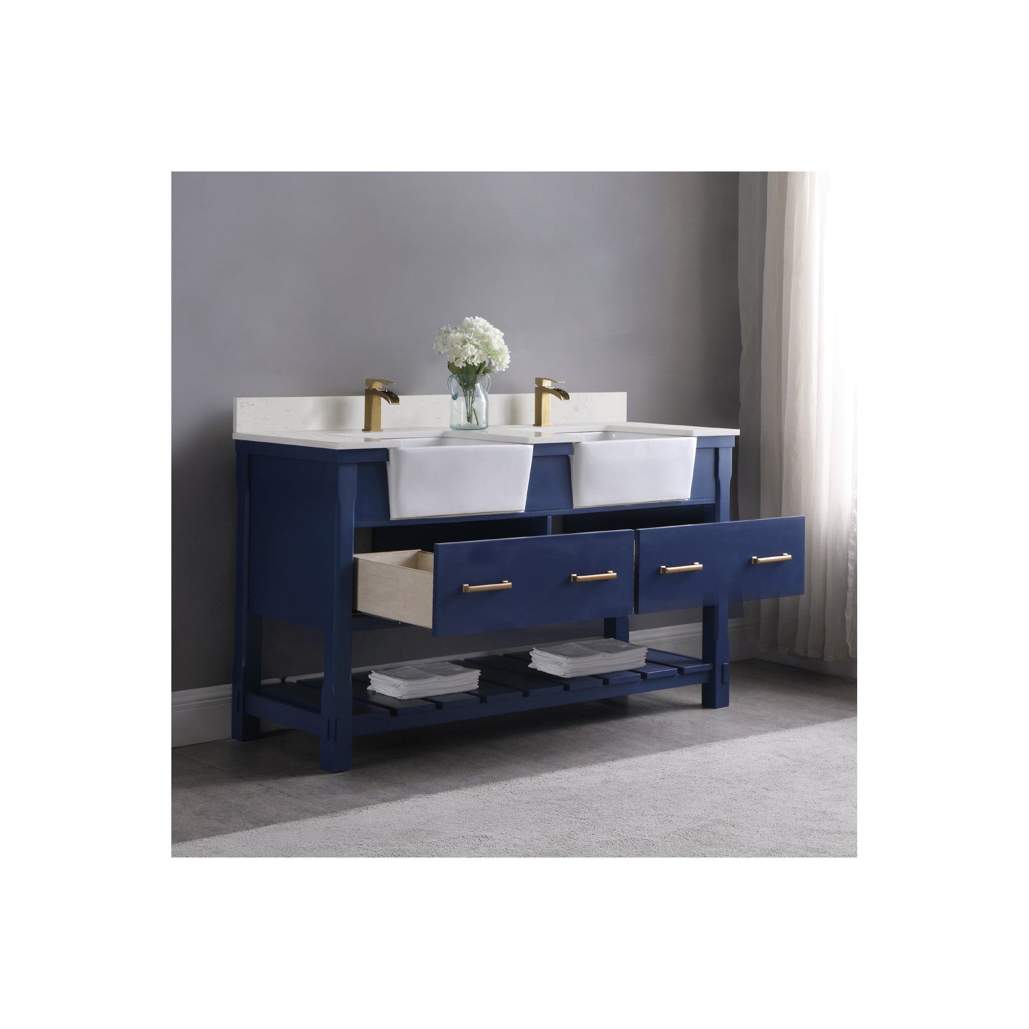 Georgia 60" Double Bathroom Vanity Set in Jewelry Blue and Composite Carrara White Stone Top with White Farmhouse Basin without Mirror