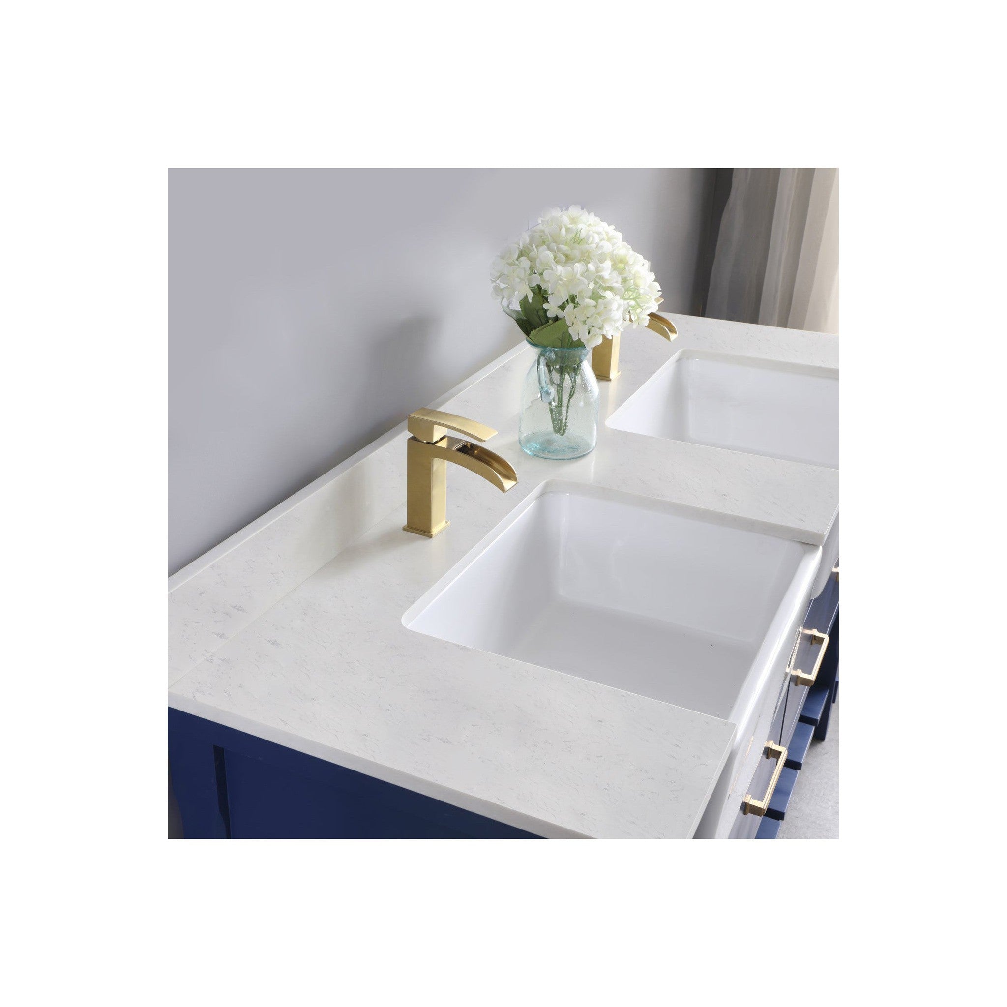 Georgia 60" Double Bathroom Vanity Set in Jewelry Blue and Composite Carrara White Stone Top with White Farmhouse Basin without Mirror