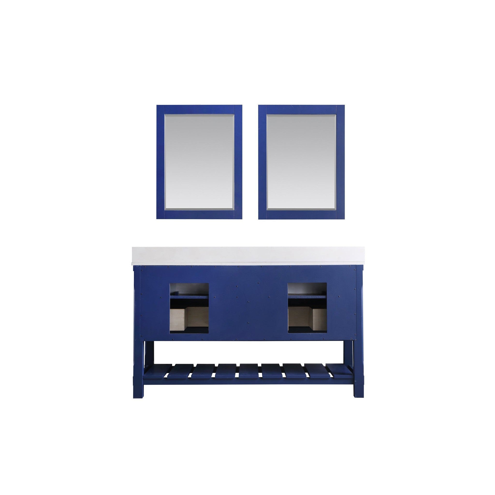 Georgia 60" Double Bathroom Vanity Set in Jewelry Blue and Composite Carrara White Stone Top with White Farmhouse Basin with Mirror