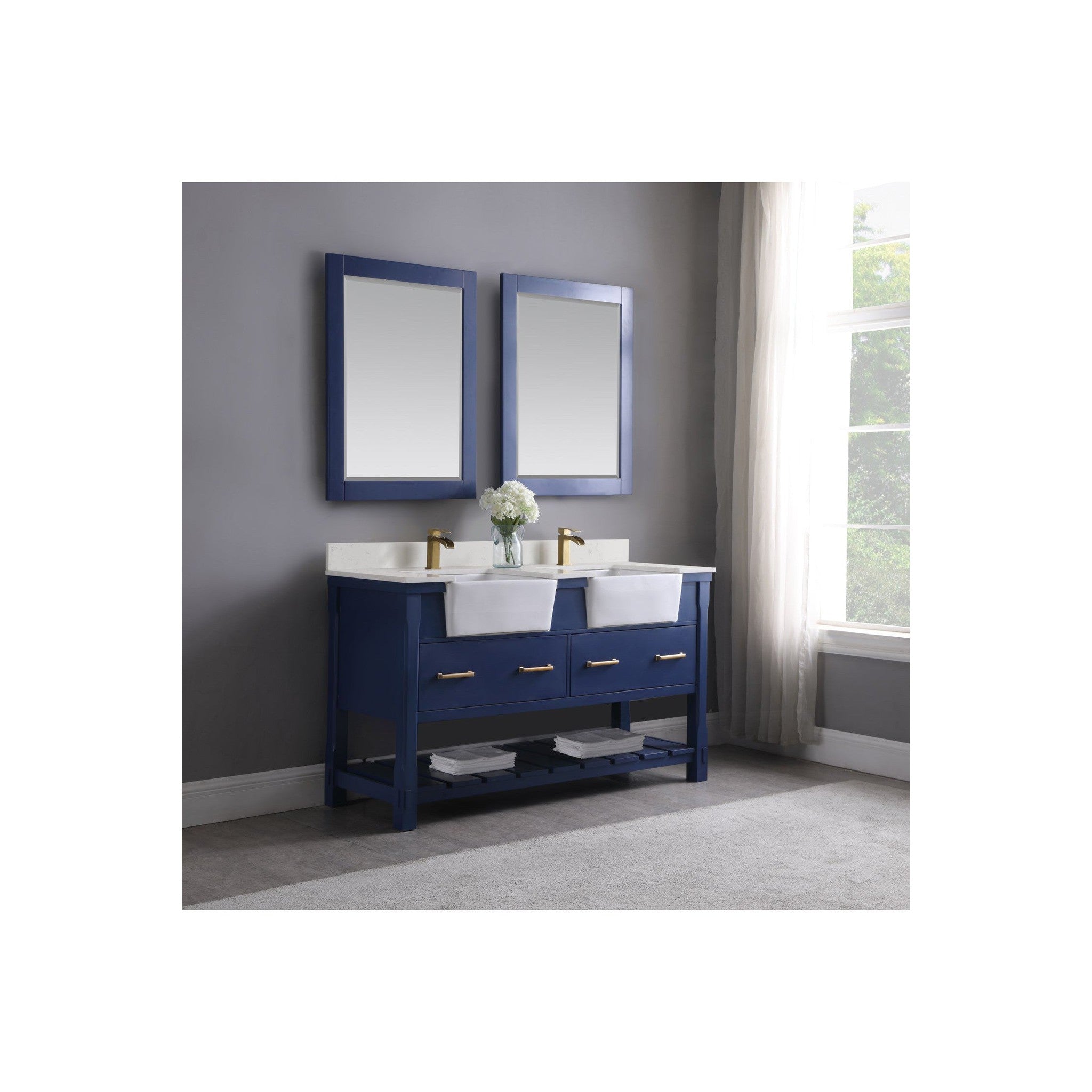 Georgia 60" Double Bathroom Vanity Set in Jewelry Blue and Composite Carrara White Stone Top with White Farmhouse Basin with Mirror