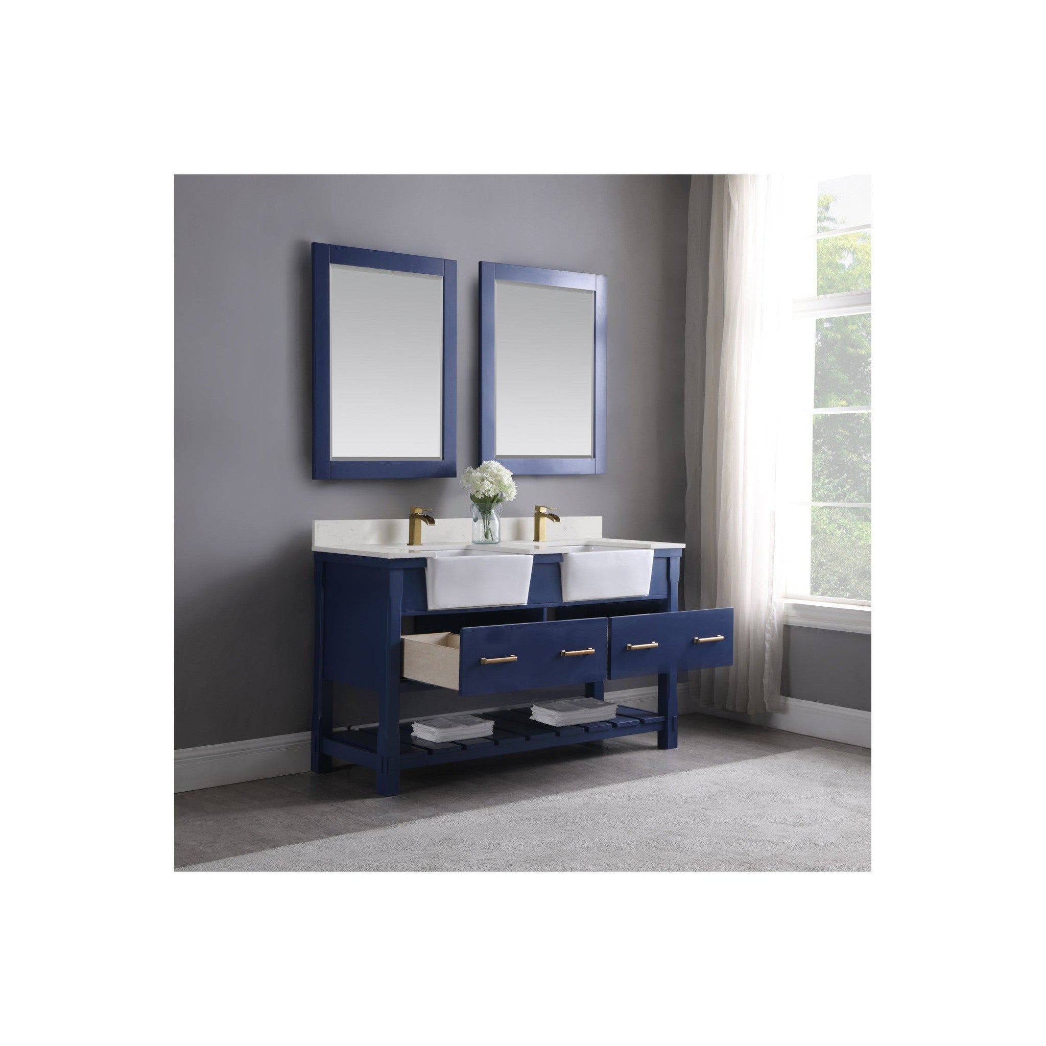 Georgia 60" Double Bathroom Vanity Set in Jewelry Blue and Composite Carrara White Stone Top with White Farmhouse Basin with Mirror
