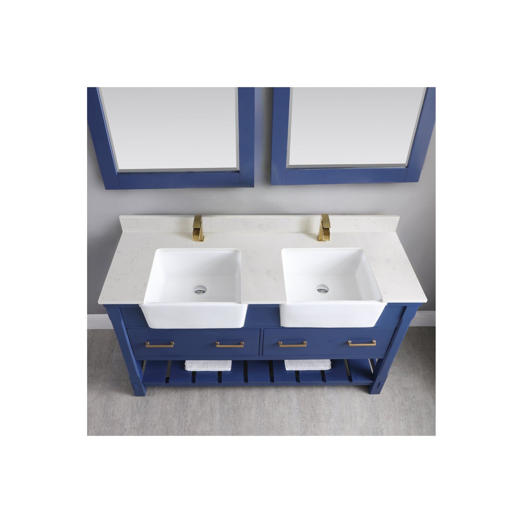 Georgia 60" Double Bathroom Vanity Set in Jewelry Blue and Composite Carrara White Stone Top with White Farmhouse Basin with Mirror