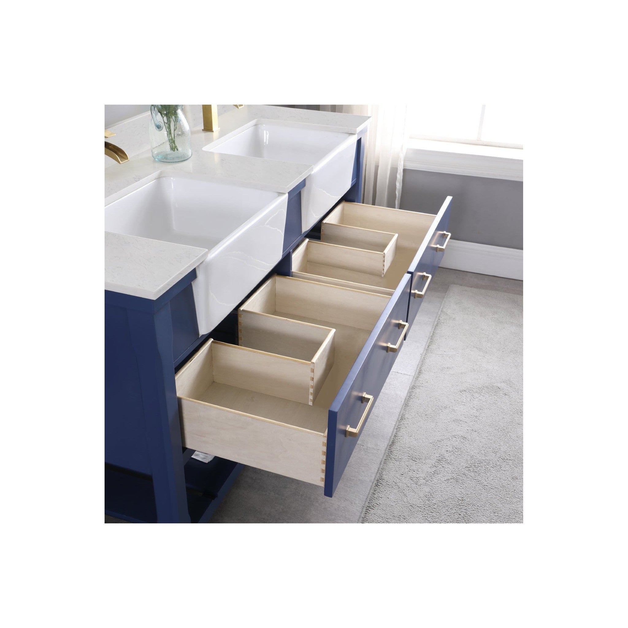 Georgia 60" Double Bathroom Vanity Set in Jewelry Blue and Composite Carrara White Stone Top with White Farmhouse Basin with Mirror