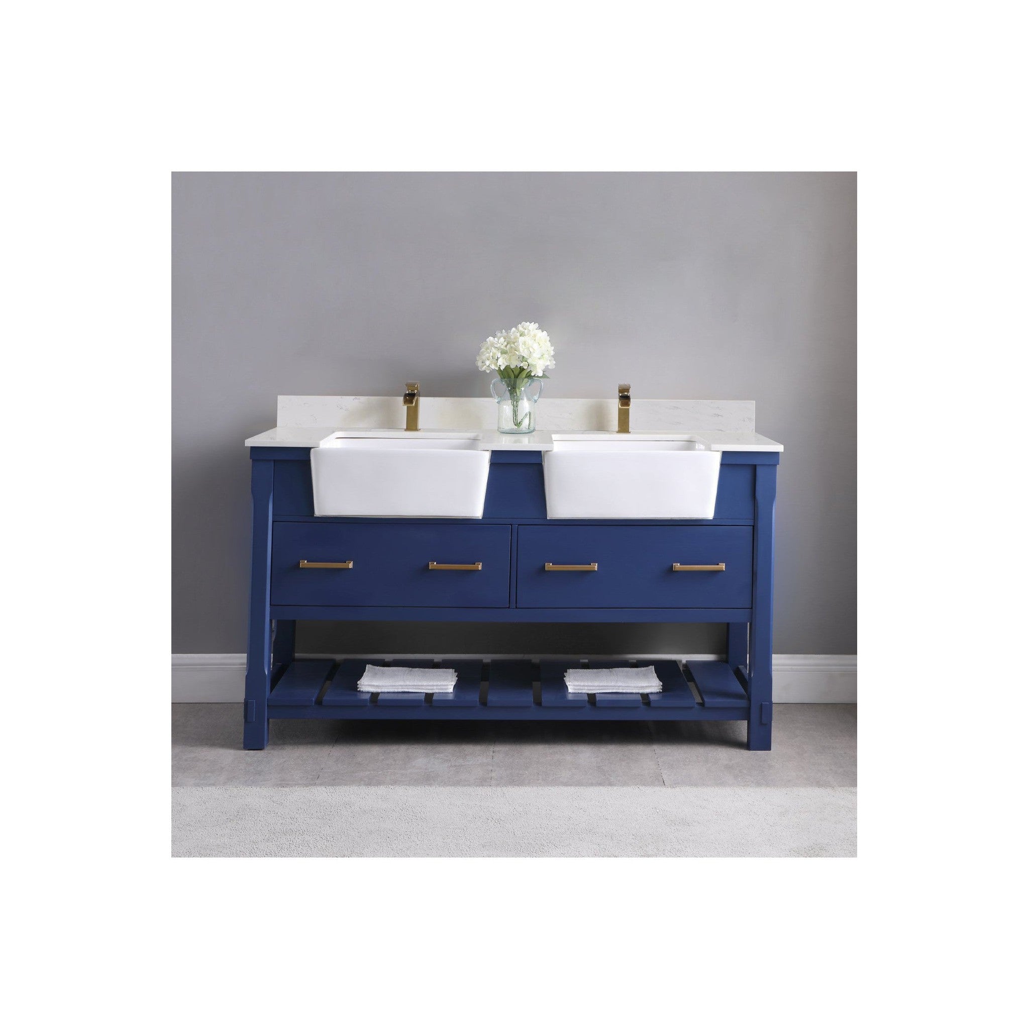 Georgia 60" Double Bathroom Vanity Set in Jewelry Blue and Composite Carrara White Stone Top with White Farmhouse Basin with Mirror