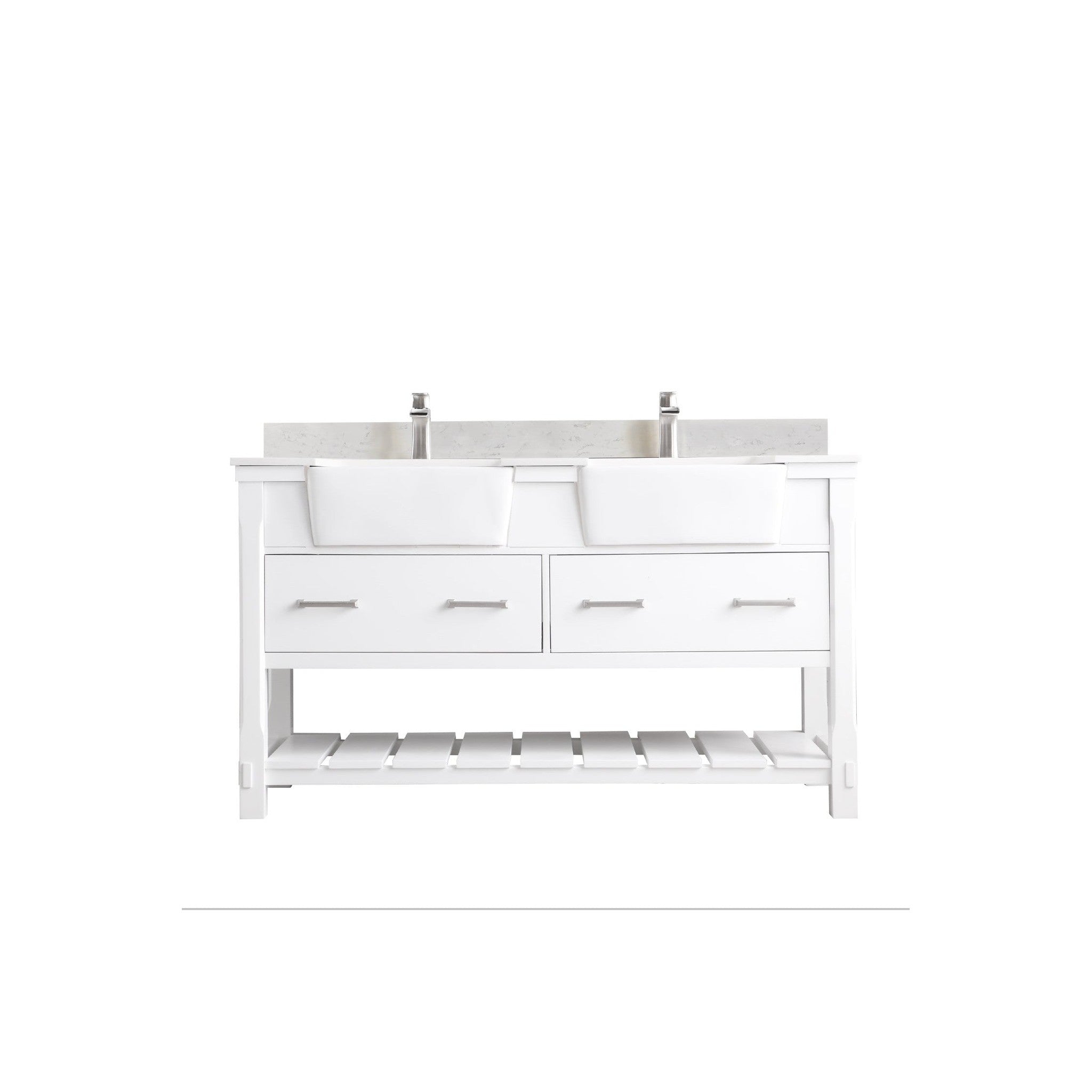 Georgia 60" Double Bathroom Vanity Set in White and Composite Carrara White Stone Top with White Farmhouse Basin without Mirror