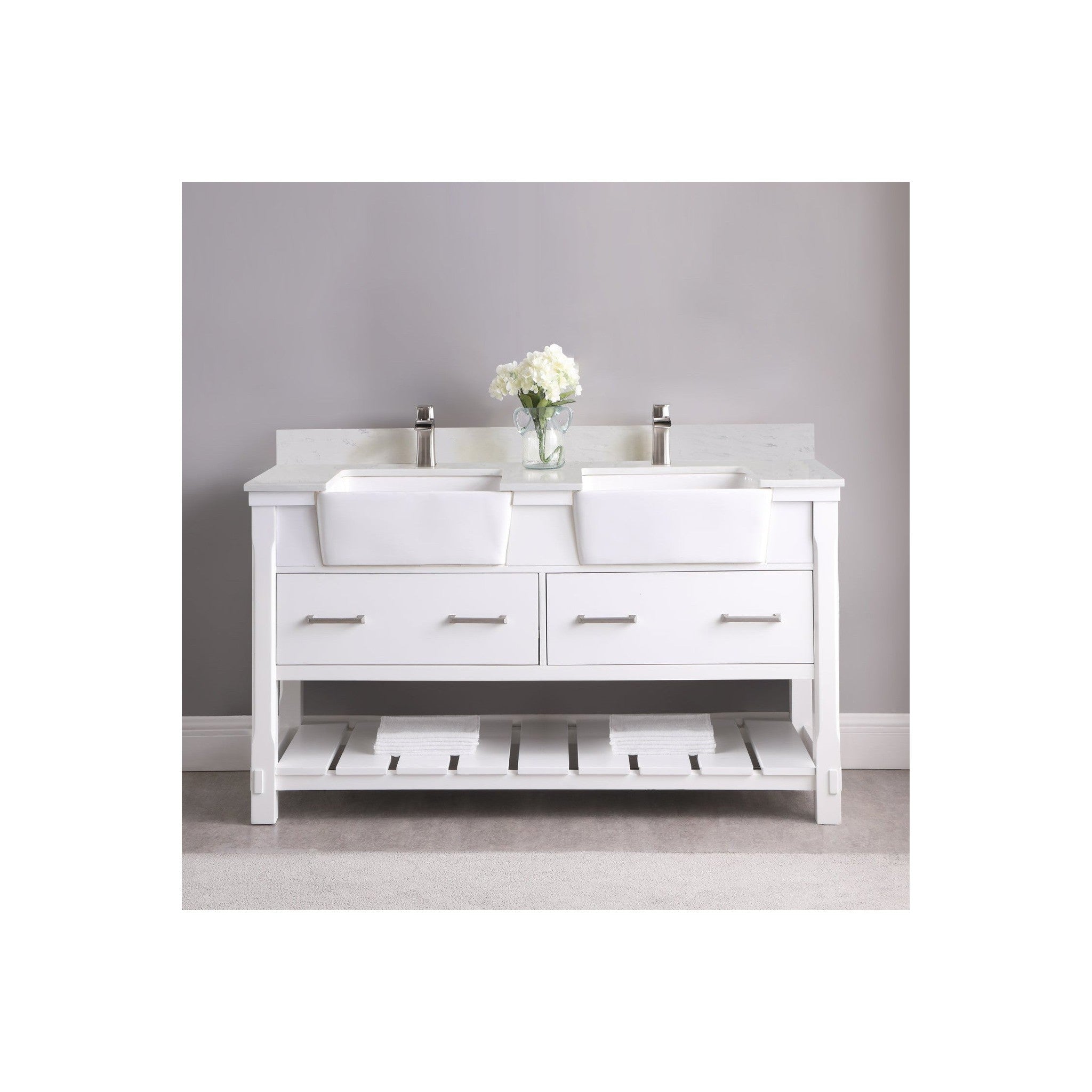 Georgia 60" Double Bathroom Vanity Set in White and Composite Carrara White Stone Top with White Farmhouse Basin without Mirror