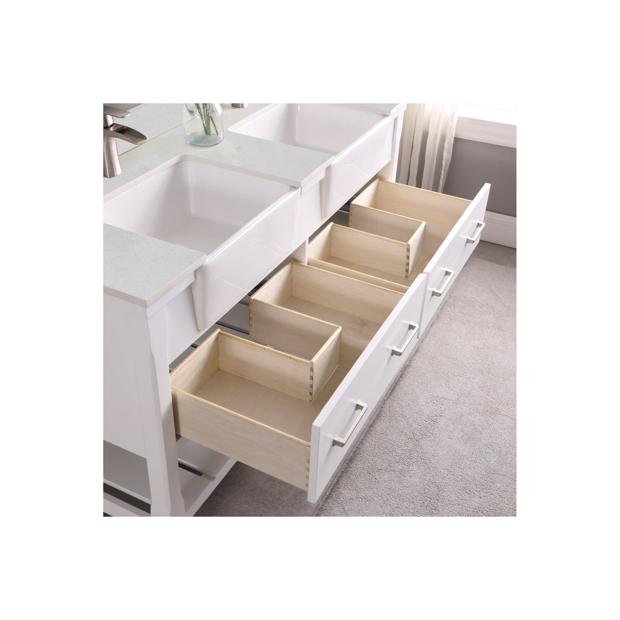 Georgia 60" Double Bathroom Vanity Set in White and Composite Carrara White Stone Top with White Farmhouse Basin without Mirror