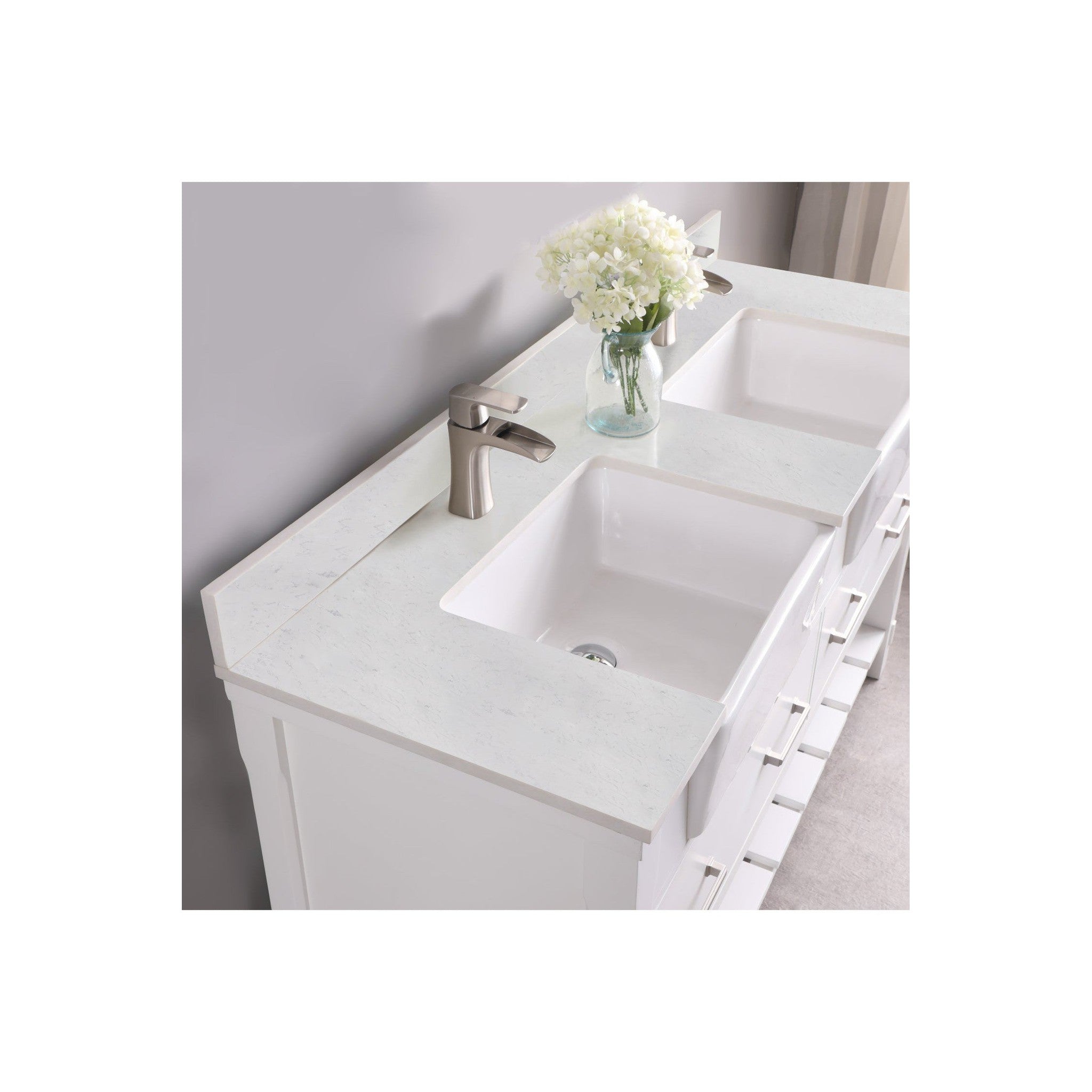 Georgia 60" Double Bathroom Vanity Set in White and Composite Carrara White Stone Top with White Farmhouse Basin without Mirror