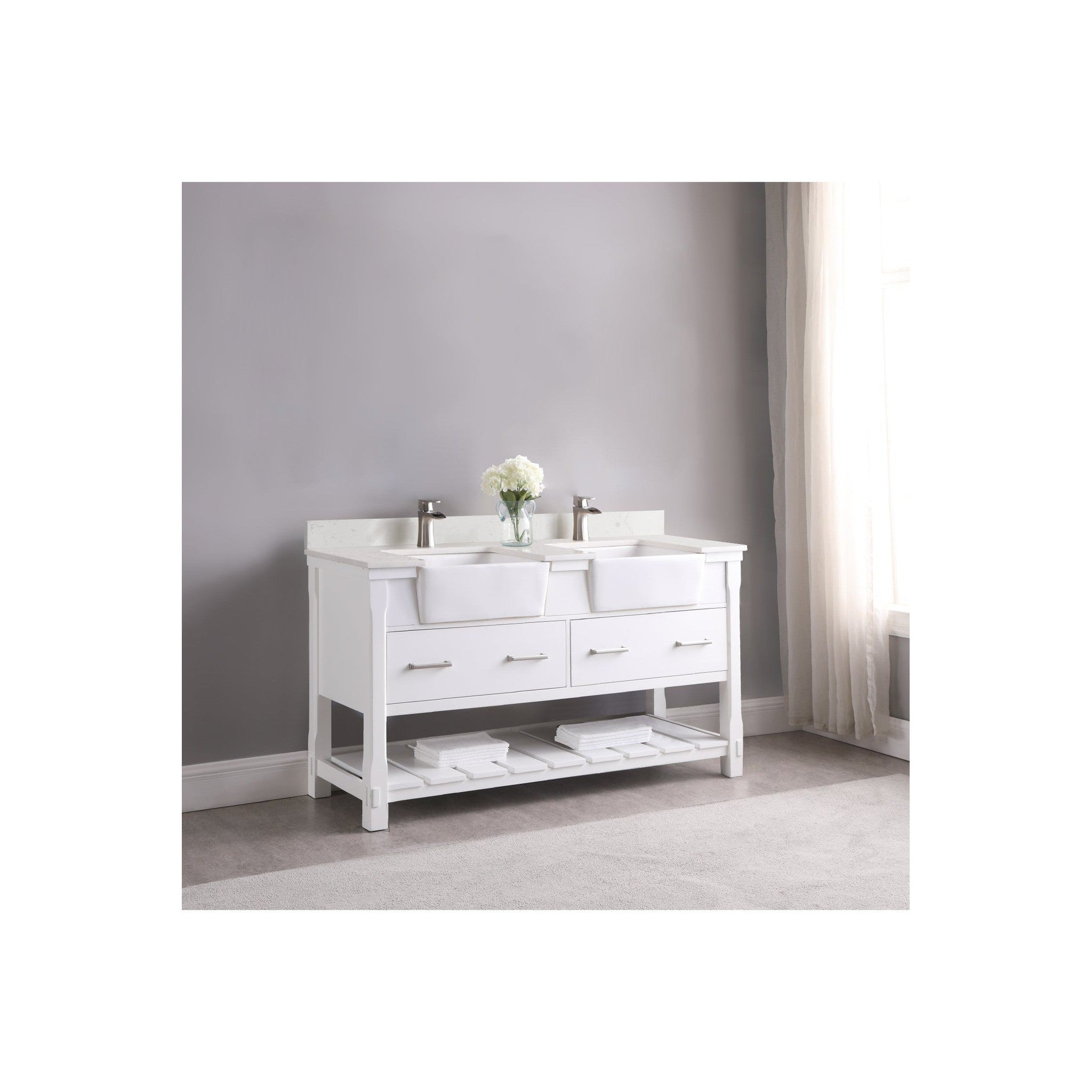 Georgia 60" Double Bathroom Vanity Set in White and Composite Carrara White Stone Top with White Farmhouse Basin without Mirror