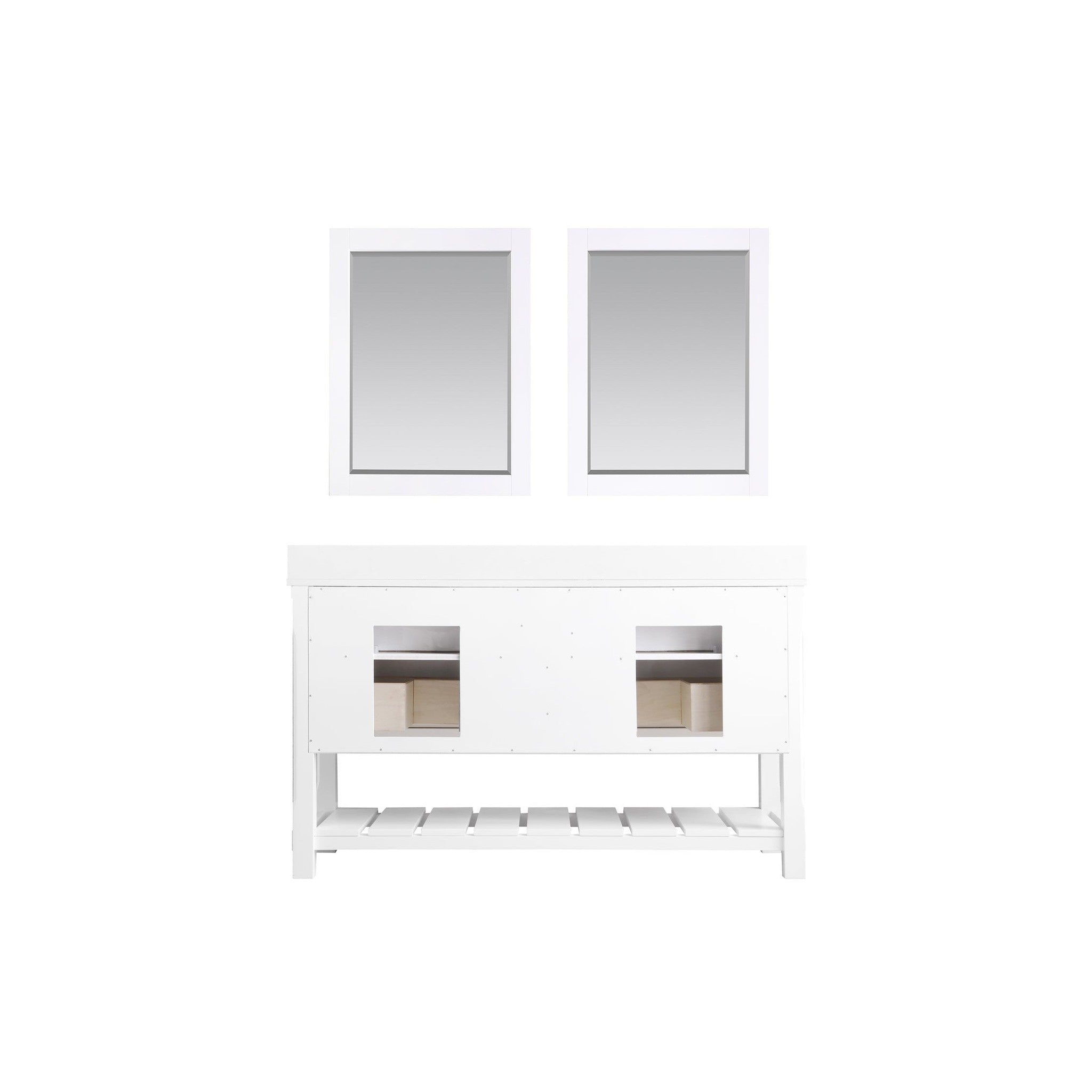 Georgia 60" Double Bathroom Vanity Set in White and Composite Carrara White Stone Top with White Farmhouse Basin with Mirror
