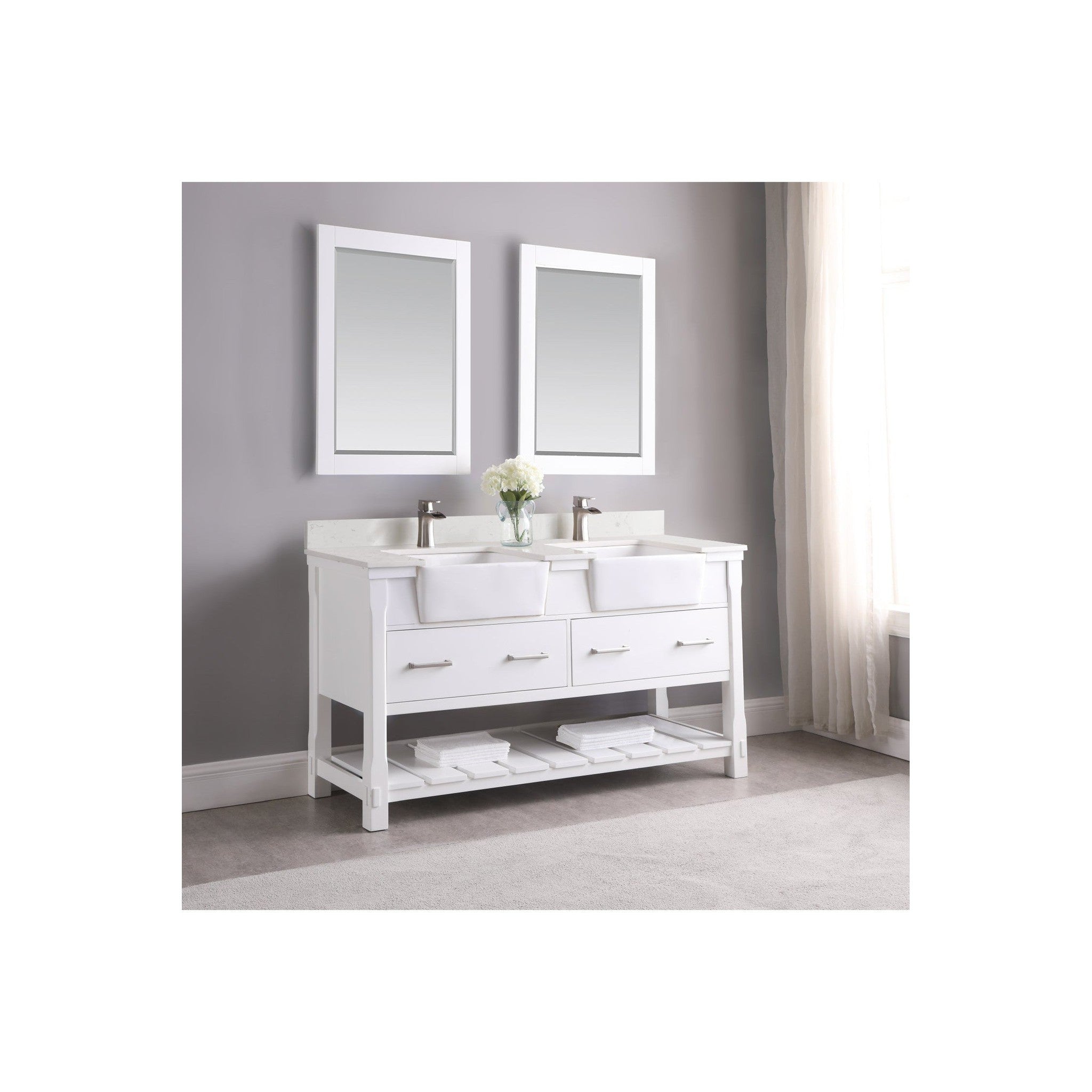 Georgia 60" Double Bathroom Vanity Set in White and Composite Carrara White Stone Top with White Farmhouse Basin with Mirror