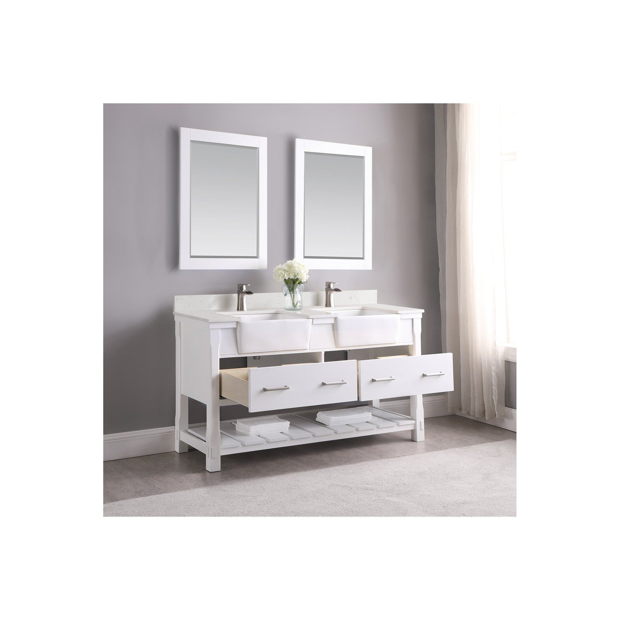 Georgia 60" Double Bathroom Vanity Set in White and Composite Carrara White Stone Top with White Farmhouse Basin with Mirror