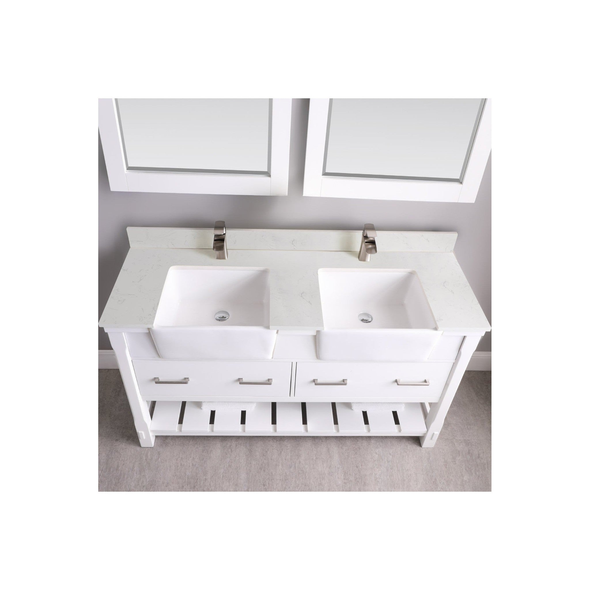 Georgia 60" Double Bathroom Vanity Set in White and Composite Carrara White Stone Top with White Farmhouse Basin with Mirror