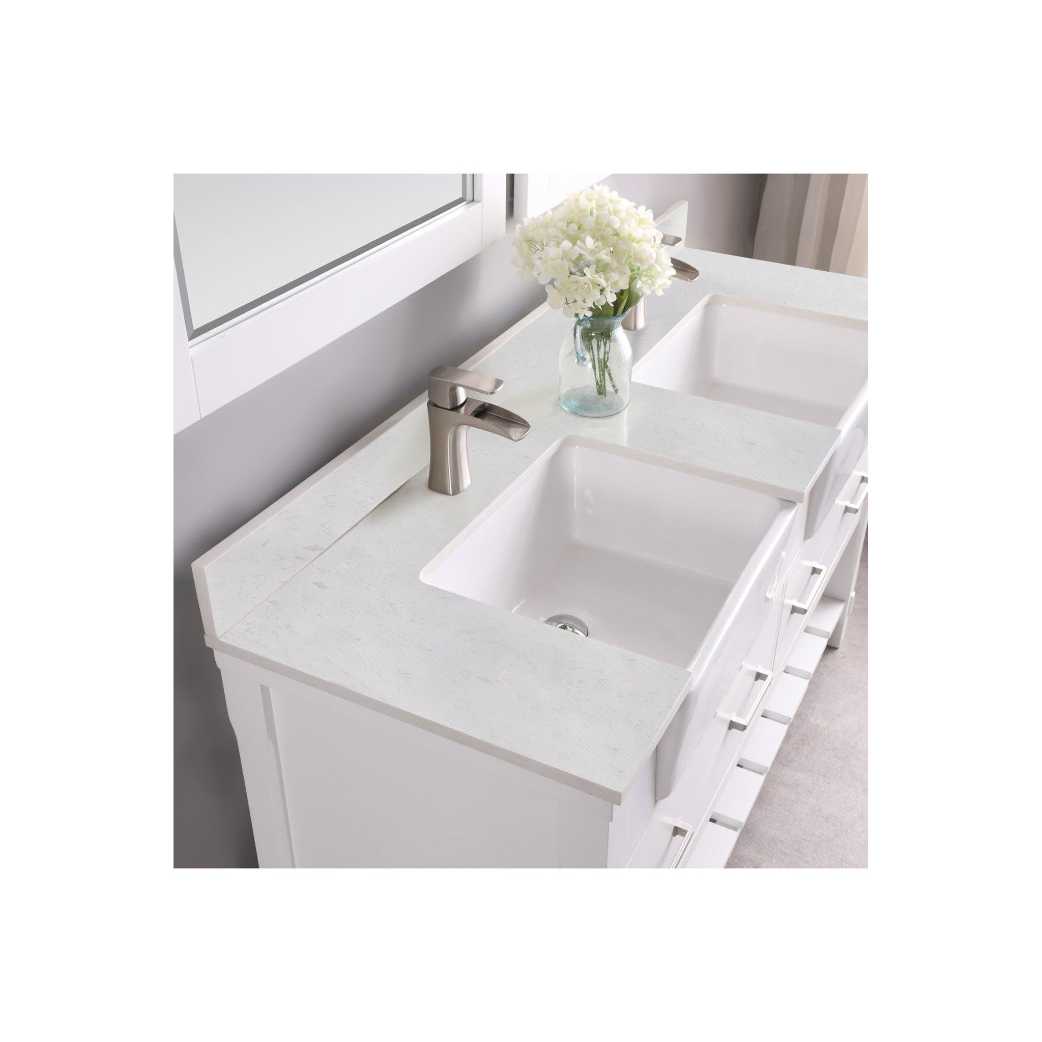 Georgia 60" Double Bathroom Vanity Set in White and Composite Carrara White Stone Top with White Farmhouse Basin with Mirror