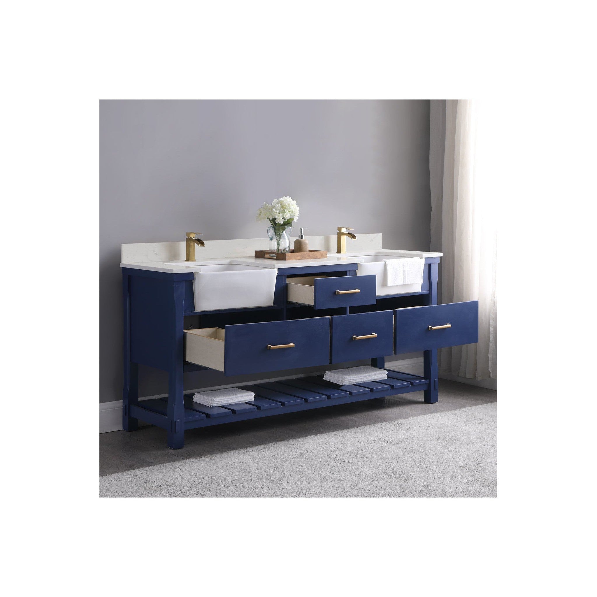 Georgia 72" Double Bathroom Vanity Set in Jewelry Blue and Composite Carrara White Stone Top with White Farmhouse Basin without Mirror