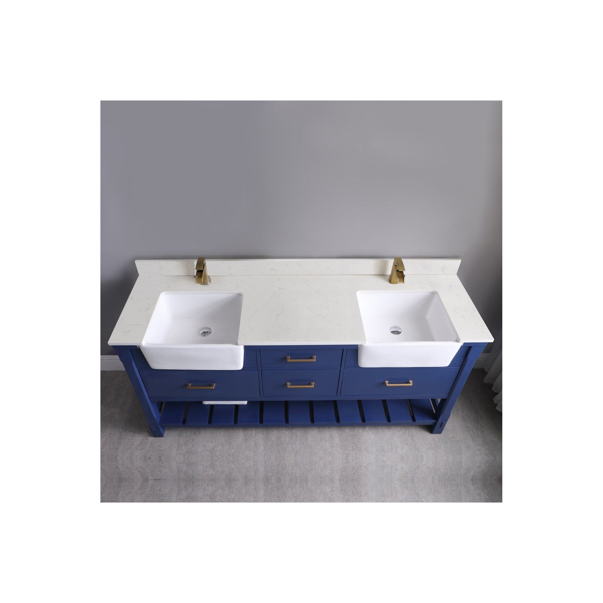 Georgia 72" Double Bathroom Vanity Set in Jewelry Blue and Composite Carrara White Stone Top with White Farmhouse Basin without Mirror