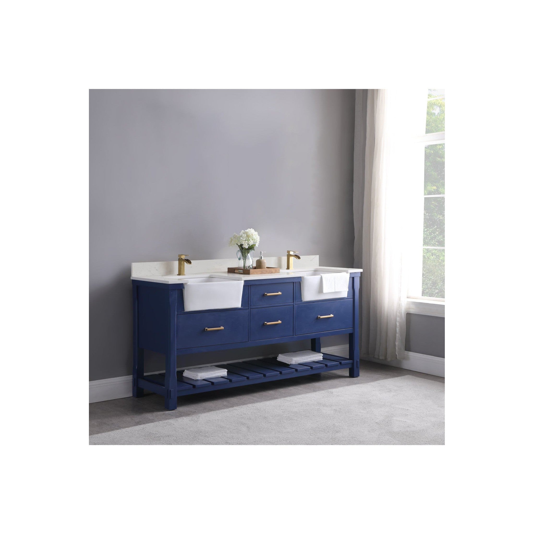 Georgia 72" Double Bathroom Vanity Set in Jewelry Blue and Composite Carrara White Stone Top with White Farmhouse Basin without Mirror