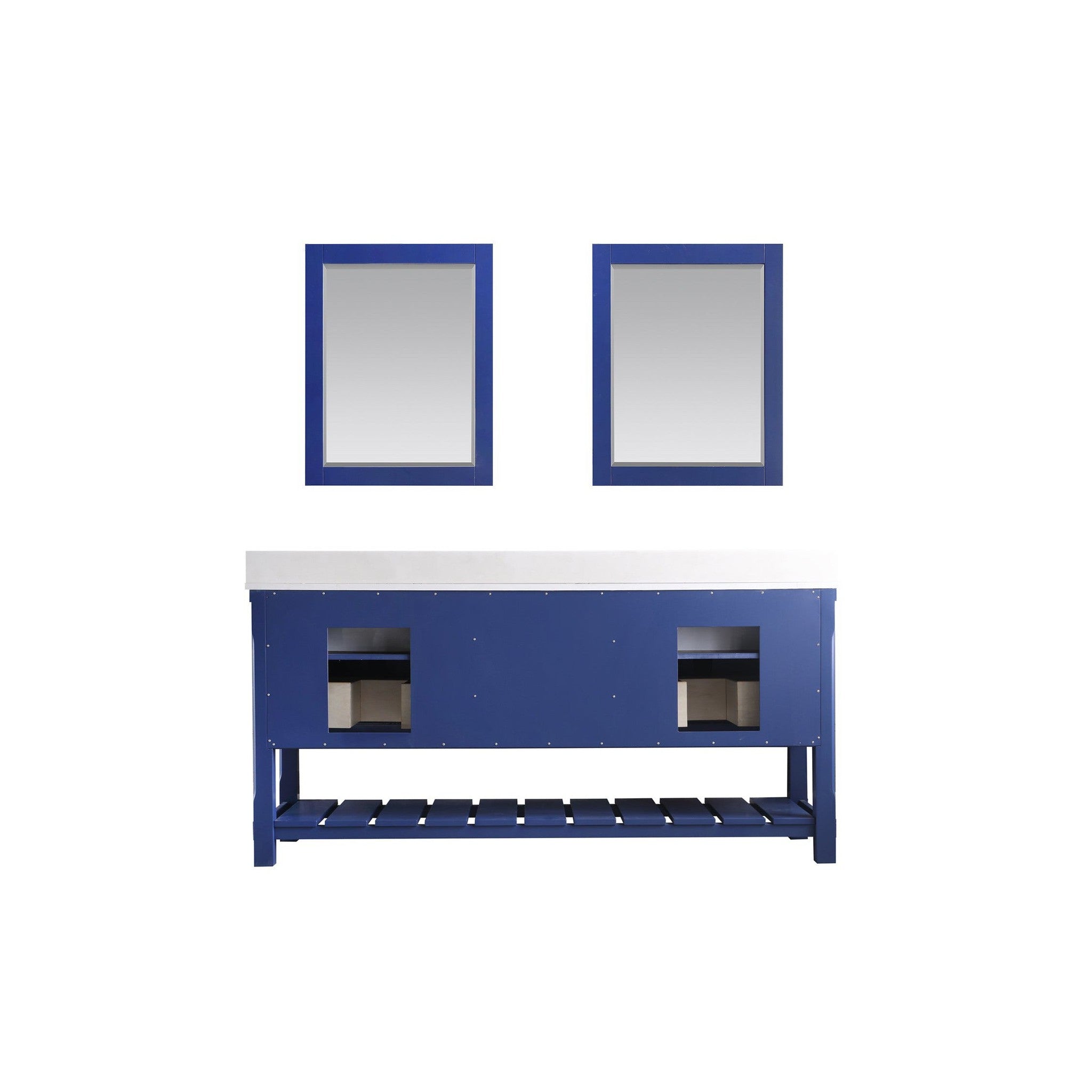 Georgia 72" Double Bathroom Vanity Set in Jewelry Blue and Composite Carrara White Stone Top with White Farmhouse Basin with Mirror