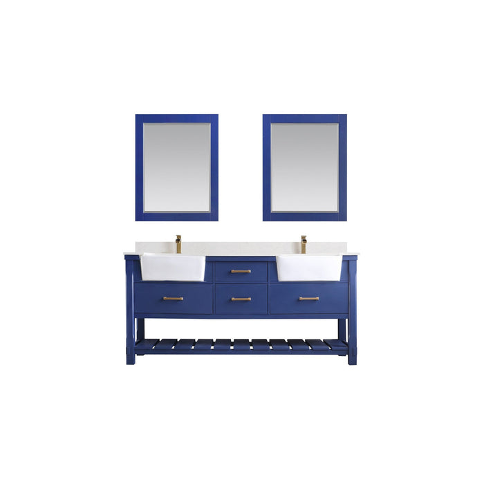 Georgia 72" Double Bathroom Vanity Set in Jewelry Blue and Composite Carrara White Stone Top with White Farmhouse Basin with Mirror