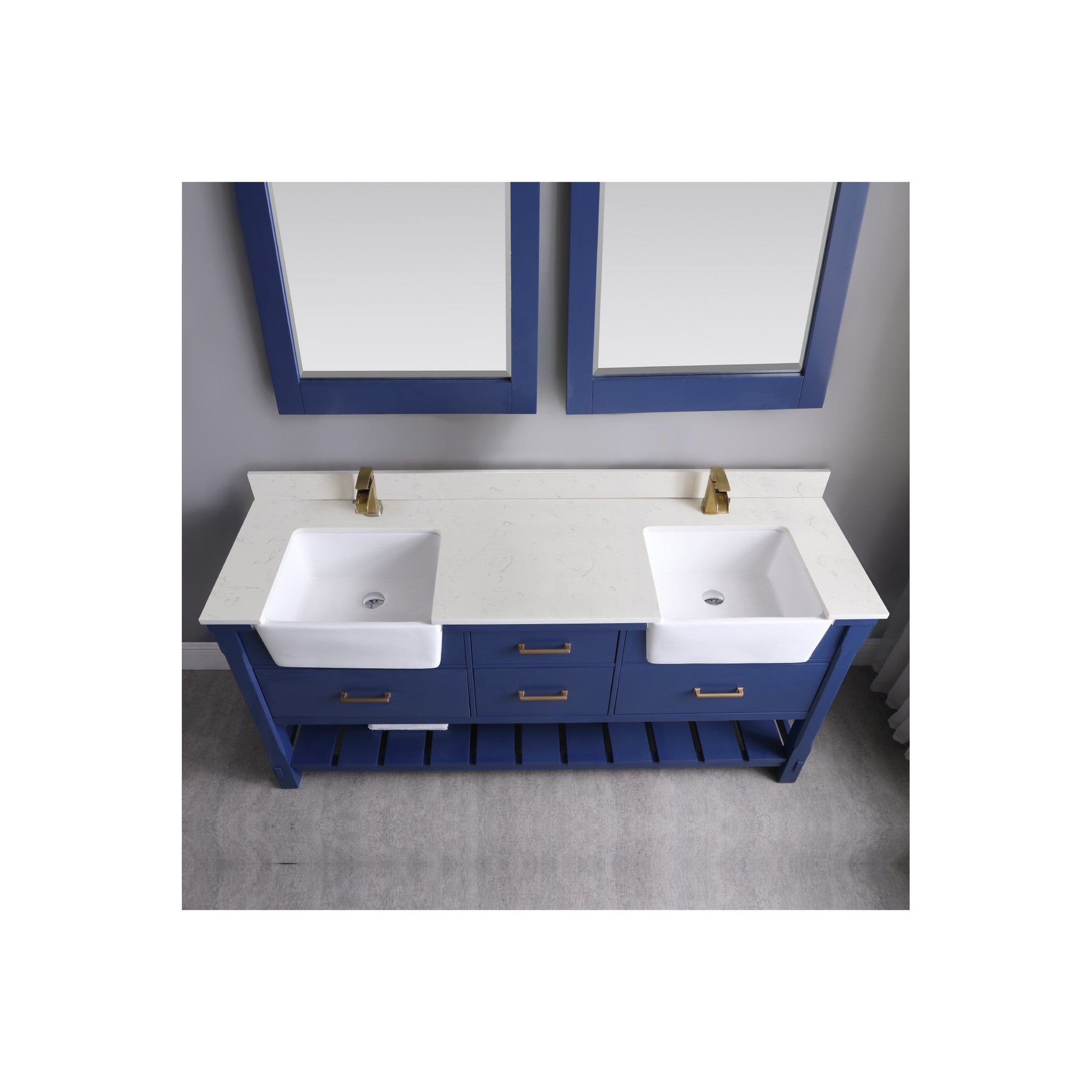 Georgia 72" Double Bathroom Vanity Set in Jewelry Blue and Composite Carrara White Stone Top with White Farmhouse Basin with Mirror