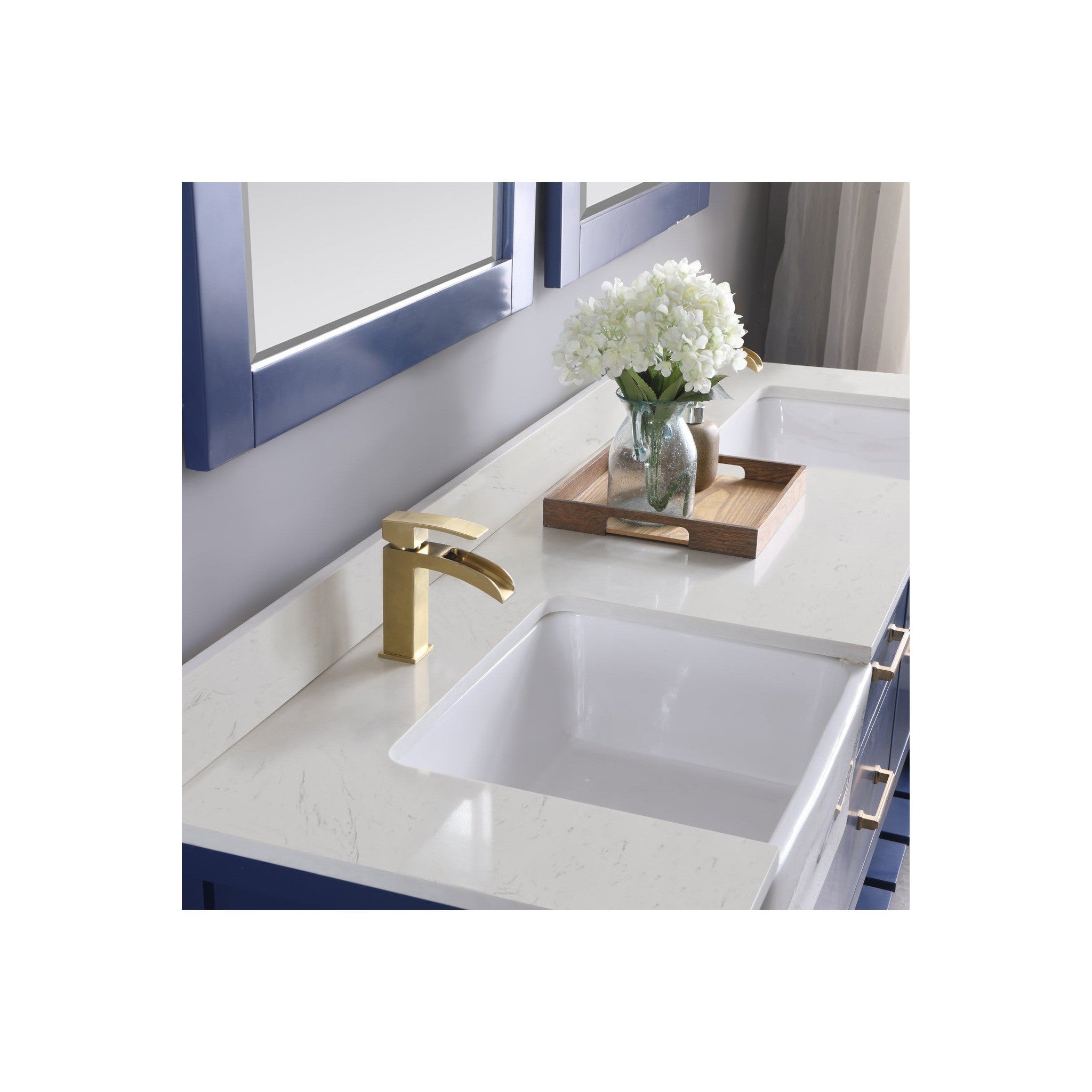 Georgia 72" Double Bathroom Vanity Set in Jewelry Blue and Composite Carrara White Stone Top with White Farmhouse Basin with Mirror