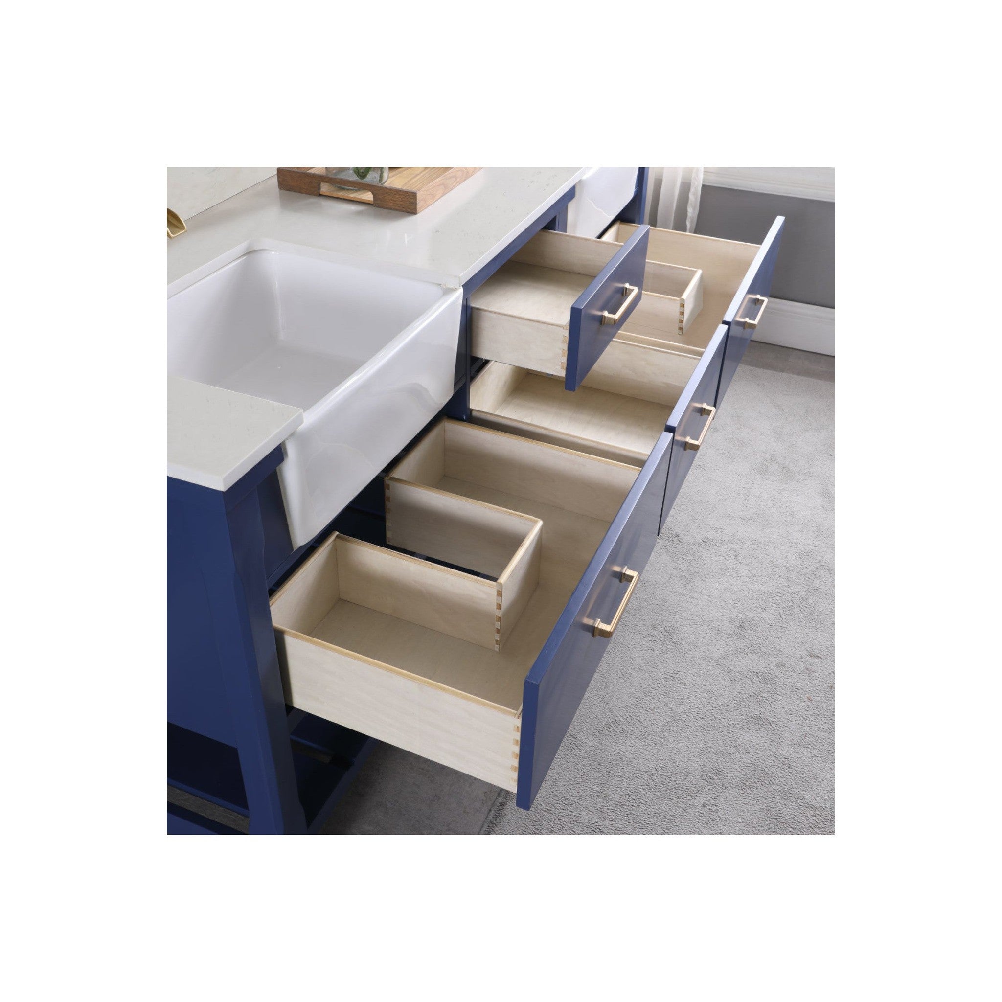 Georgia 72" Double Bathroom Vanity Set in Jewelry Blue and Composite Carrara White Stone Top with White Farmhouse Basin with Mirror